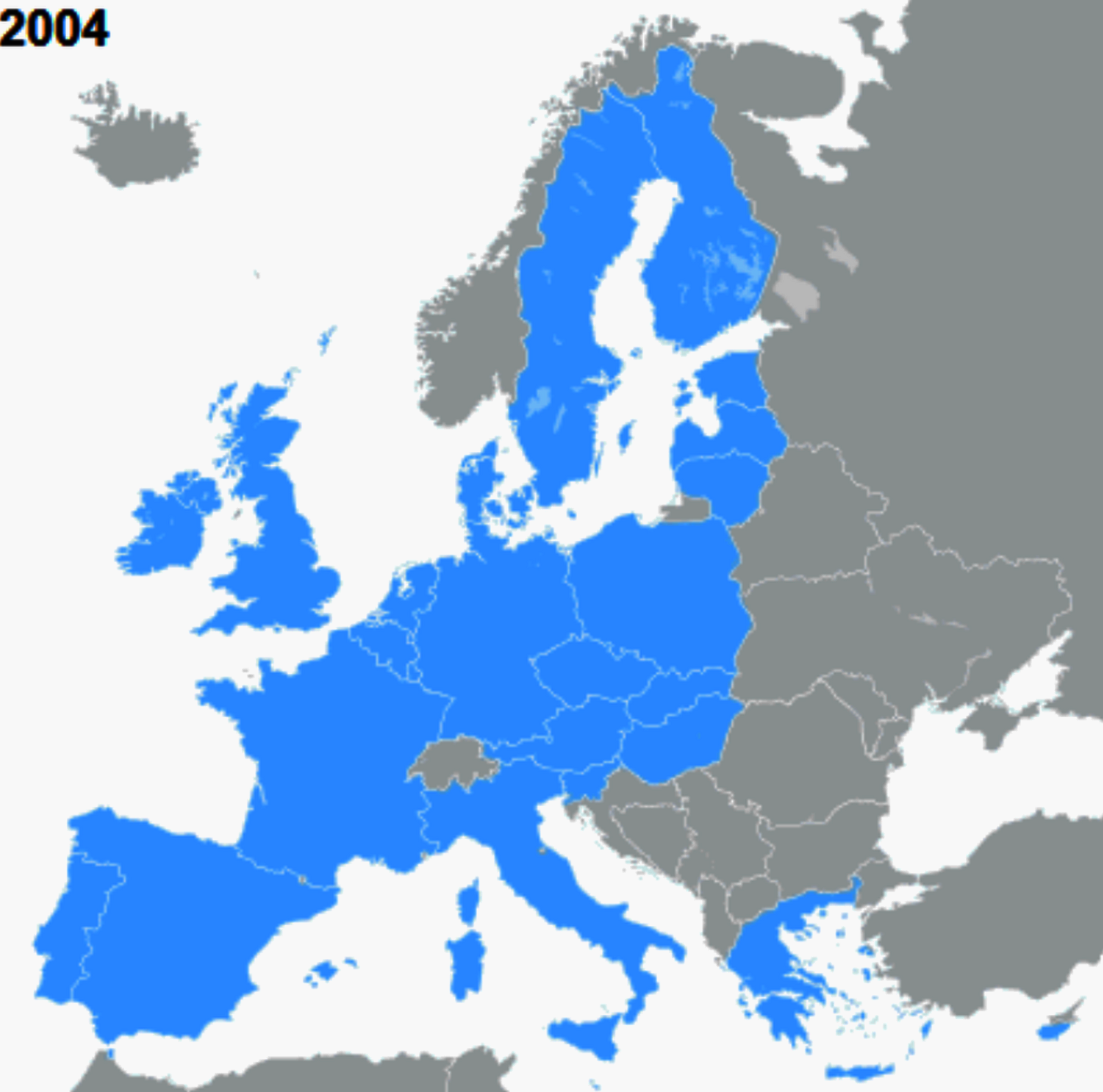 Mapa polityczna Europy. Państwa członkowskie UE oznaczane są kolorem niebieskim, w lewym górnym rogu przedstawiono rok ich dołączenia do wspólnoty. Pozostałe państwa naniesiono kolorem szarym. 2004 - Cypr, Czechy, Estonia, Litwa, Łotwa, Malta, Polska, Słowacja, Słowenia, Węgry. 