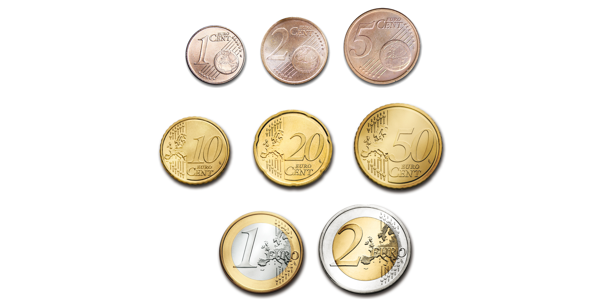 Zdjęcie przedstawia osiem monet euro. Na ilustracji widoczna jest strona, na której widnieje nominał monety: 1 cent, 2 centy, 5 centów, 10 centów, 50 centów, 1 euro, 2 euro.