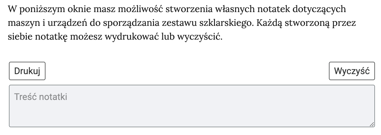 Grafika przedstawia tekst polecenia z polem do wprowadzenia treści notatki. Możliwe jest wydrukowanie notatki i wyczyszczenie treści wpisanej w polu. 