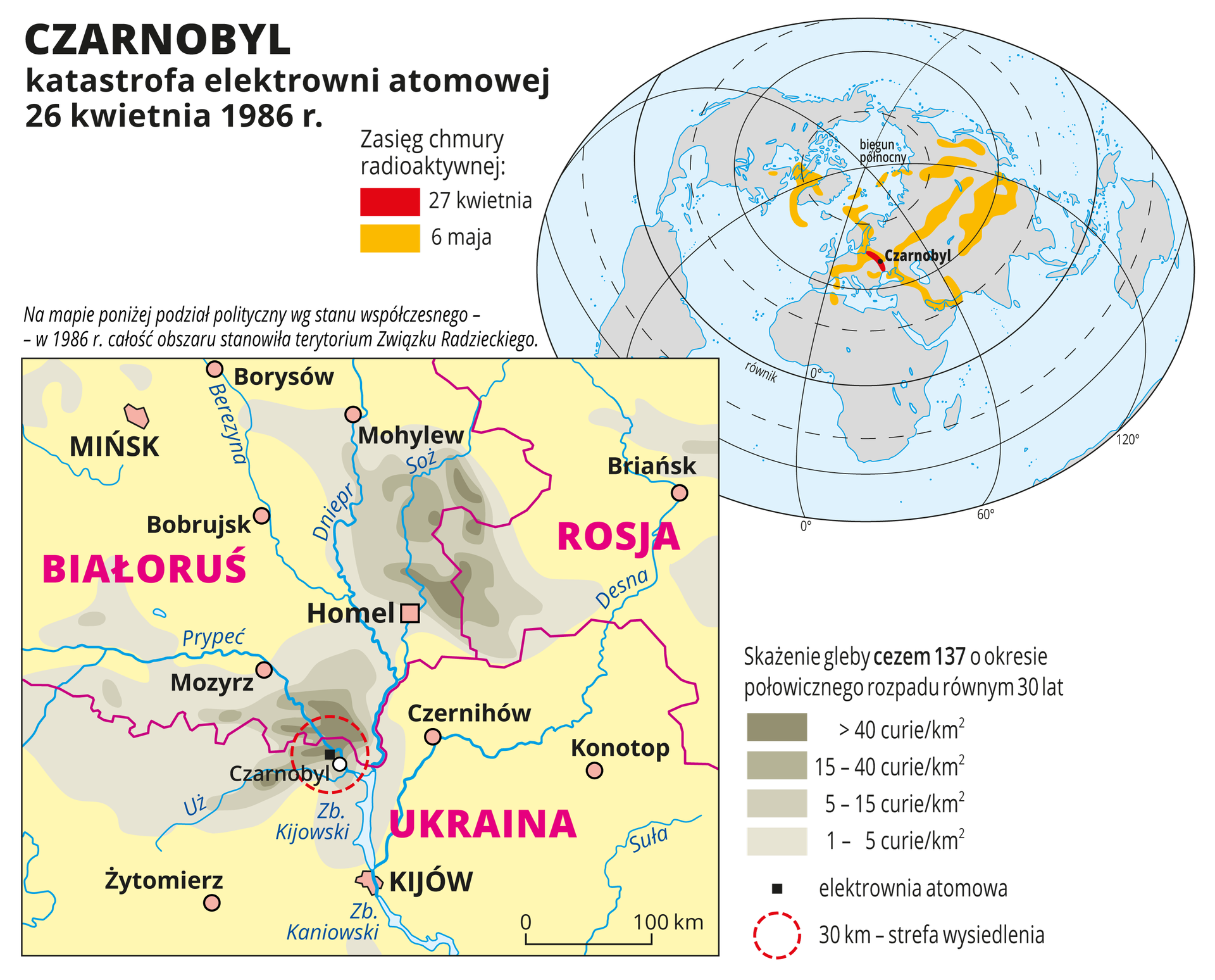 Ilustracja zawiera mapę okolic Czarnobyla na Ukrainie z zaznaczonym kolorowymi plamami skażeniem gleby cezem 137. Od najciemniejszego w Czarnobylu do najjaśniejszego w promieniu trzystu kilometrów od miejsca katastrofy. Na drugiej mapie – mapie świata – zasięg chmury radioaktywnej w dniu wybuchu – w okolicach Czarnobyla i dziesięć dni później – północna, środkowa i wschodnia Azja oraz Grenlandia i północne krańce Ameryki Północnej.