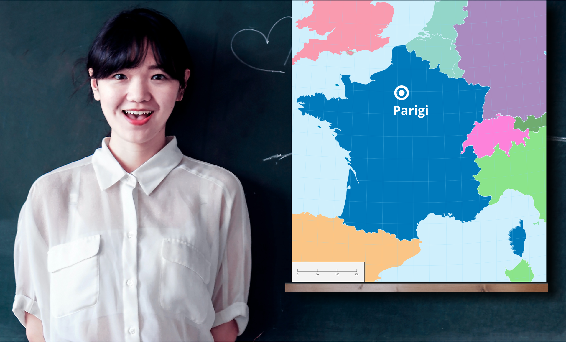 Zdjęcie przedstawia uśmiechniętą dziewczynę. Obok dziewczyny, po prawej stronie ilustracji znajduje się mapa Europy z zaznaczonym miastem Paryż.