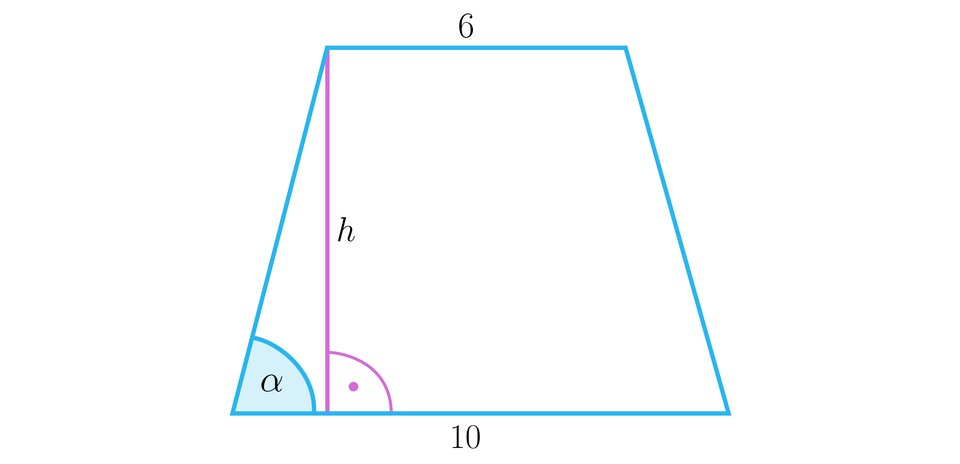 Rysunek przedstawia trapez równoramienny, którego górna podstawa ma długość sześć, a dolna podstawa ma długość dziesięć. Z górnego lewego wierzchołka upuszczono wysokość h i oznaczono kat prosty między wysokością a podstawą. Między dolną podstawą a lewym ramieniem oznaczono kąt alfa.