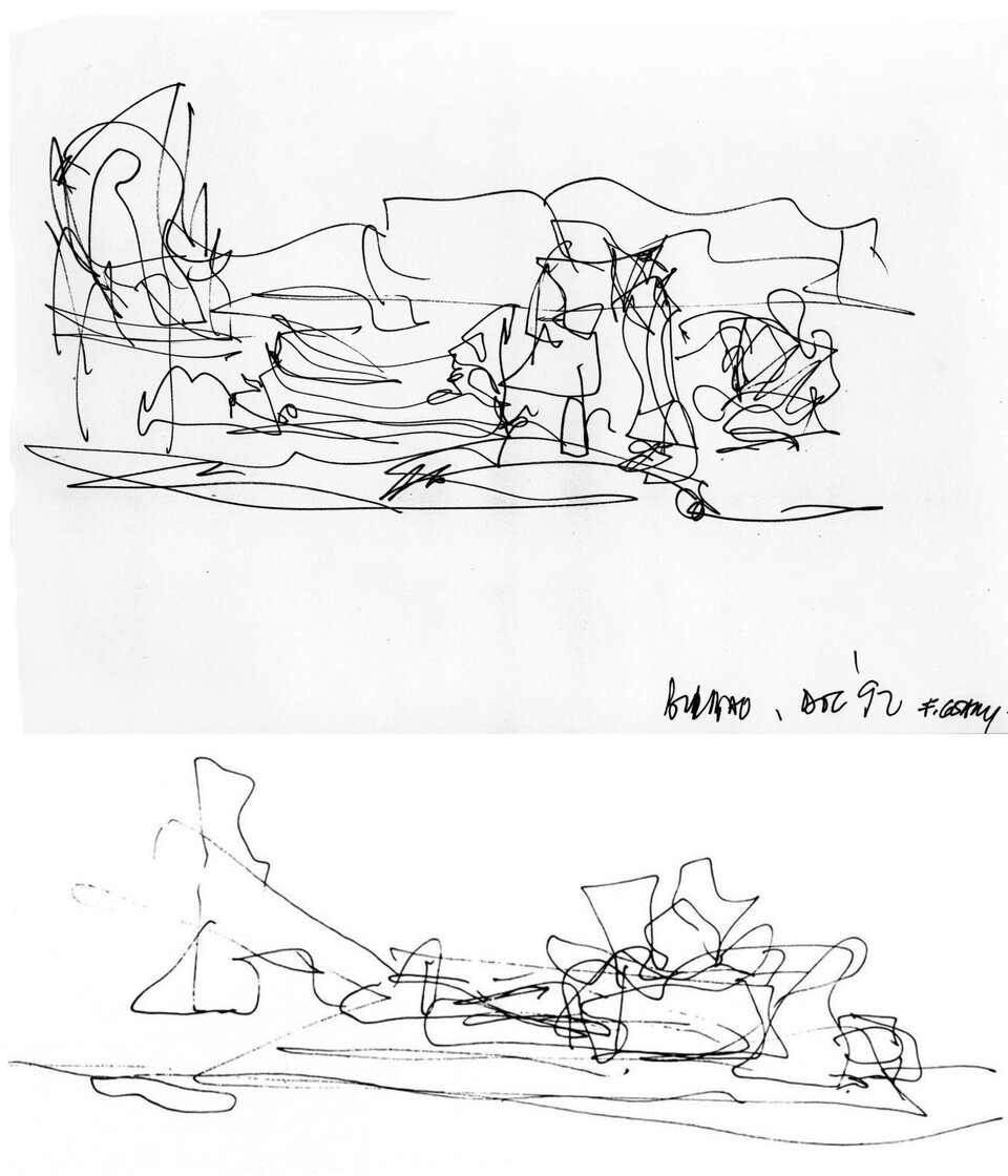 Ilustracja przedstawia szkice autorstwa Franka O. Gehry’ego. Pierwszy ukazujący wczesną wizualizację Muzeum Guggenheima w Bilbao. Szkic został niedbale wykonany i trudno dostrzec poszczególne elementy budynku. Drugi przedstawia kolejną wizualizację budynku – ten szkic również został wykonany za pomocą jednego ruchu ręki. Szkic składa się z linii, kresek, które mają tworzyć wizualizację budynku. 