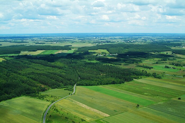 Zdjęcie lotnicze przedstawiające krajobraz Niziny Mazowieckiej. Wykonane wiosną, przedstawia rozległy, płaski teren. Na pierwszym planie pasy zielonych pól uprawnych, dalej obszar lasu, a w oddali zabudowania składające się na niewielkie wioski oraz kolejne pola i lasy.