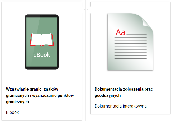 Zdjęcie przedstawia przykładowy wygląd spisu treści. Składa się on z dwóch kafelków z grafikami, które posiadają podpisy. Na podpis składa się tytuł oraz rodzaj multimedium.