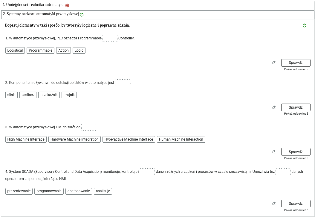 Grafika przedstawia otwartą zakładkę z jednym interaktywnym ćwiczeniem sprawdzającym. Na górze okna znajduje się polecenie. Poniżej widoczne są zdania z lukami, które należy wypełnić przeciągając znajdujące się niżej słowa.
