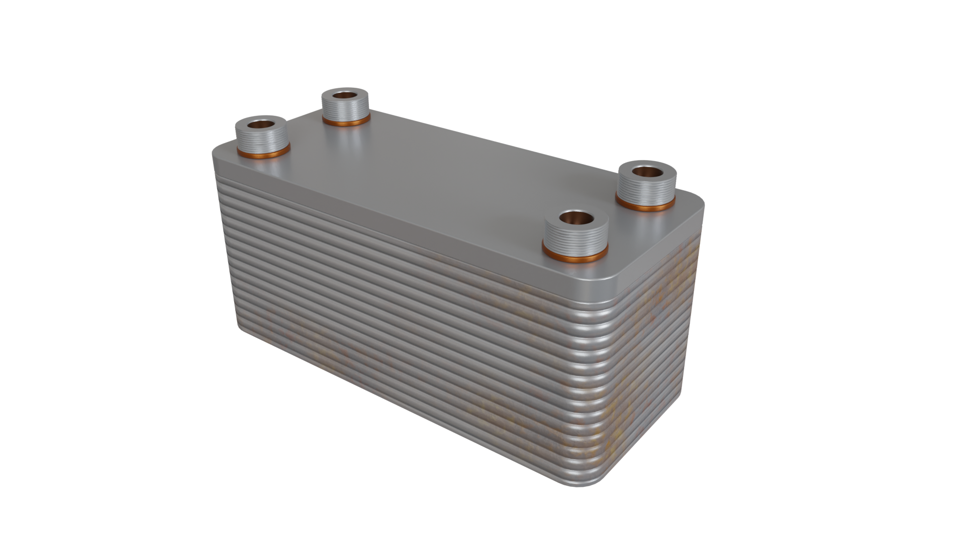 Grafika przedstawia płytowy wymiennik ciepła. Urządzenie opisane jest w tekście poniżej.
