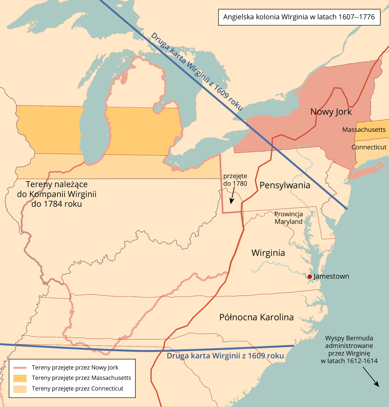 Ilustracja przedstawia mapę angielskiej kolonii Wirignia w latach 1607–1776. Na Północy oznaczone są tereny przejęte przez Nowy Jork, Massachusetts i Connecticut. Pod tymi terenami jest napis Tereny należące do Kompanii Wirginii do 1784 roku. Na północnej i południowej części mapy są niebieskie linie z napisem Druga karta Wirginii z 1609 roku.