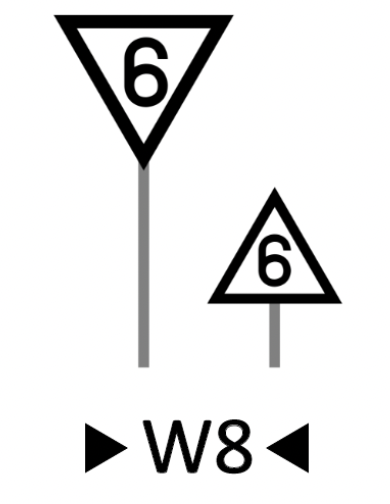 Wskaźnik wu osiem. Dwa znaki. Pierwszy to trójkąt równoboczny osadzony na słupku. jest on odwrócony, to znaczy podstawa jest na górze, a wierzchołek przeciwny do podstawy na dole. Trójkąt jest biały i ma czarny kontur. W trójkącie wpisana jest cyfra sześć. Obok podobny znak na krótszym słupku. Tu również znajduje się trójkąt z wpisaną cyfrą sześć, ale ten trójkąt ma podstawę na dole, a przeciwny wierzchołek na górze.