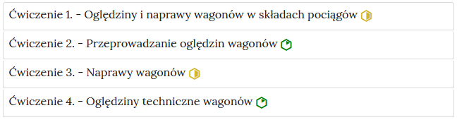 Grafika przedstawia wygląd zakładek z ćwiczeniami. Zakładki są poziomymi paskami. Każda posiada numer ćwiczenia i tytuł, który wskazuje, czego dotyczą zamieszczone w zakładce ćwiczenia. Przykład tekstu na pasku zakładki. Ćwiczenie 1 myślnik Oględziny i naprawy wagonów w składach pociągów.