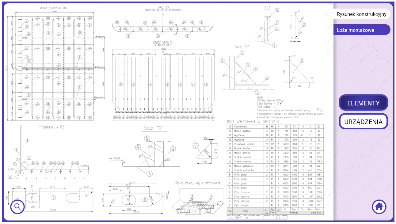 Grafika przedstawia ekran wyświetlający rysunek konstrukcyjny. Po prawej stronie widać menu z opisanymi wcześniej przyciskami. W dolnym lewym rogu pojawia się przycisk lupki umożliwiający przybliżenie widoku na rysunek.