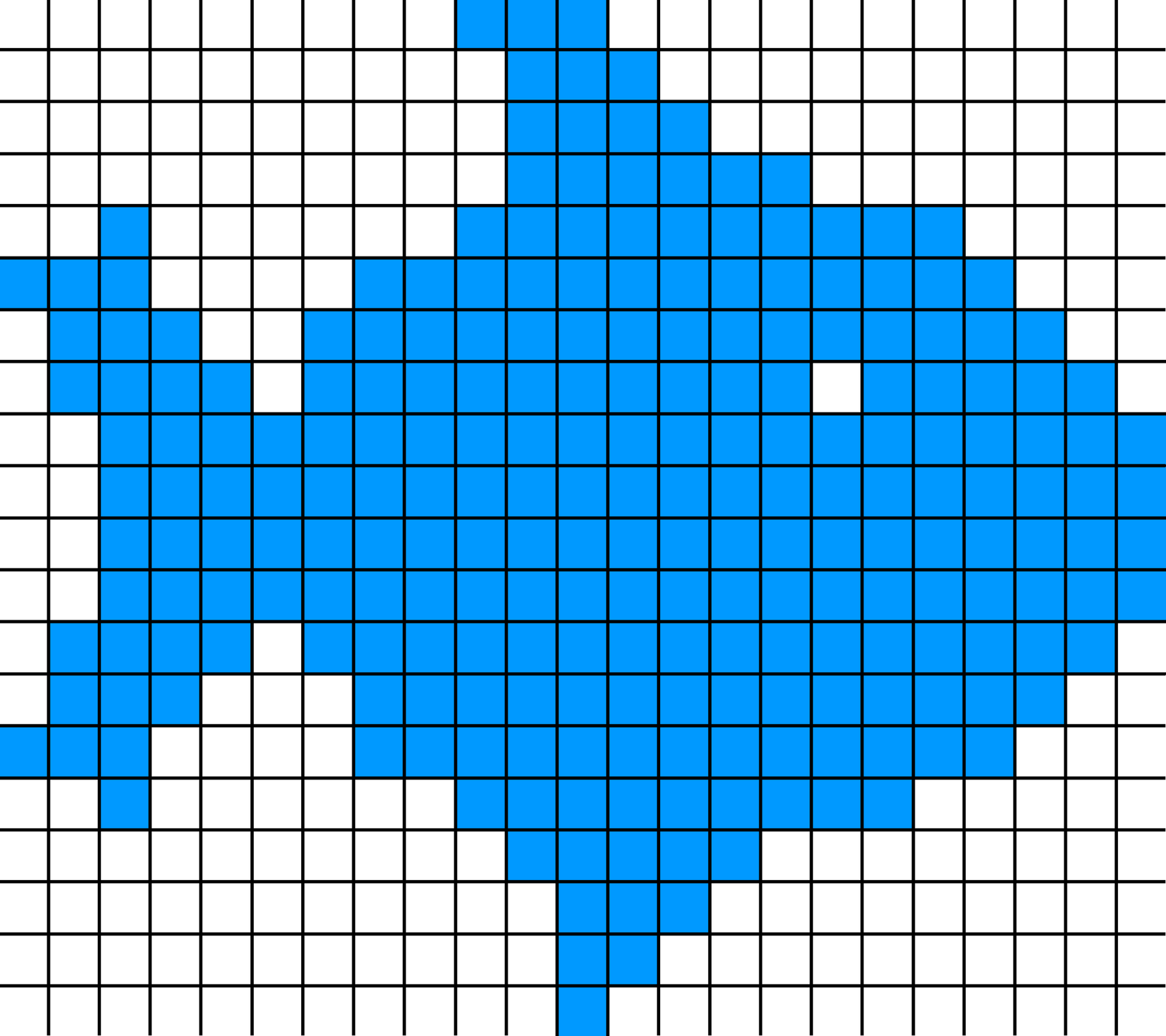 Grafika przedstawia przykład grafiki rastrowej. Widoczny jest biały kwadrat, podzielony czarnymi liniami na kwadratowe pola, w które jest wpisany kształt ryby w kolorze niebieskim.