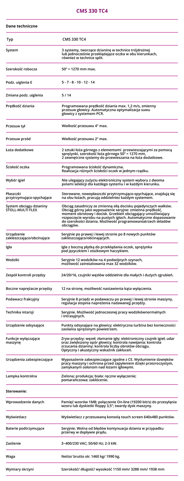 Grafika przedstawia kartę charakterystyki technicznej szydełkarki płaskiej. Symbol urządzenia: CMS 330 TC4.Dane techniczneTyp: CMS 330 TC4System3 systemy, tworzące dzianinę w technice trójdrożnej lub jednocześnie przekładające oczka w obu kierunkach, również w technice split.Szerokość: 50 cali równe 1270 milimetrów.Podział uiglenia E: 5‑7-8‑10‑12‑14.Zmiana podziału uiglenia: 5/14.Prędkość dziania: Programowana prędkość dziania maksymalnie 1,2 metra na sekundę, zmienny przesuw głowicy. Automatyczna optymalizacja suwu głowicy z systemem PCR.Przesuw tył: Wielkość przesuwu maksymalnie 4 cale.Przesuw przód: Wielkość przesuwu maksymalnie 2 cale.Łoża dodatkowe: Dwie sztuki łoża górnego z elementami przewieszającymi za pomocą sprężynki, szerokość łoża górnego 50 cali = 1270 milimetrów, dwa zewnętrzne systemy do przewieszania na łoża dodatkowe.Ścisłość oczka: Programowana ścisłość dynamiczna. Realizacja różnych ścisłości oczek w jednym rządku.Wybór igieł: Nie ulegający zużyciu elektroniczny system wyboru z dwoma polami selekcji dla każdego systemu i w każdym kierunku.Płaszczki przytrzymująco‑spychające: Sterowane, nowe płaszczki przytrzymująco‑spychające, znajdują się na obu łożach, pracują oddzielnie z każdym systemem.System obciągu dzianiny STOLL‑MULTI FLEX: Obciąg zasadniczy ze zmienną siłą docisku pojedynczych wałków. Obciąg górny jako wyposażenie seryjne: zmienna prędkość, moment obrotowy i docisk. Grzebień obciągający umożliwiający rozpoczęcie wyrobu na pustych igłach. Automatyczne dopasowanie do szerokości dziania. Możliwość programowania trzech składów obciągów.Urządzenie zakleszczająco/obcinające: Seryjnie po prawej i lewej stronie po 8 nowych punktów zakleszczająco/obcinających.Igła: Igła z boczną płytką do przekładania oczek, sprężynka pod języczkiem i stożkowym haczykiem.Wodziki: Seryjnie 12 wodzików na 4 podwójnych szynach, możliwość zainstalowania maksymalnie 32 wodzików.Zespół kontroli przędzy: 24/20/16, czujniki węzłów oddzielnie dla małych i dużych zgrubień.Boczne naprężacze przędzy: 12 na stronę, możliwość nastawienia kąta wyłączenia.Podawacz frakcyjny: Seryjnie 8 przędz w podawaczu po prawej i lewej stronie maszyny, regulacja stopnia naprężenia nadawanej przędzy.Technika intarsji: Seryjnie. Możliwość jednoczesnej pracy wodzików normalnych i intrasyjnych.Urządzenie odsysające: Punkty odsysające na głowicy; elektryczna turbina bez konieczności zasilania sprężonym powietrzem.Funkcje wyłączające maszynę: Zryw przędzy; węzeł; złamanie igły; elektroniczny czujnik igieł; udar oraz zwiększony opór głowicy; kontrola nawijania; kontrola zrzucania dzianiny; kontrola liczby obrotów obciągu. Optyczny i akustyczny wskaźnik zakłóceń.Urządzenia zabezpieczające Wyposażenie zabezpieczające zgodne z CE. Wytłumienie dźwięków pracy maszyny i ochrona przed zapyleniem dzięki przezroczystym, zamykanym osłonom nad łożami igłowymi.Lampka kontrolna: Zielona; produkcja; biała: ręczne wyłączenie; pomarańczowa: zakłócenie.Sterowanie:Wprowadzenie danych: Pamięć wzorów 1MB; połączenie On‑line (19200 bit/s) do przesyłania wzoru lub dyskietki floppy 3,5"; twardy dysk maszyny.Wyświetlacz: Wyświetlacz z przesuwaną konsolą touch screen 640x480 punktów.Baterie podtrzymujące: Seryjnie. Wolna od błędów kontynuacja dziania w przypadku przerwy w dopływie prądu.Zasilenie: 3‑400/230 VAC; 50/60 Hz; 2‑3 kW.Waga: Netto/brutto ok: 1460 kg/1990 kg.Wymiary skrzyni: Szerokość/ długość/wysokość 1150 milimetrów/3288 milimetrów/ 1938 milimetrów.