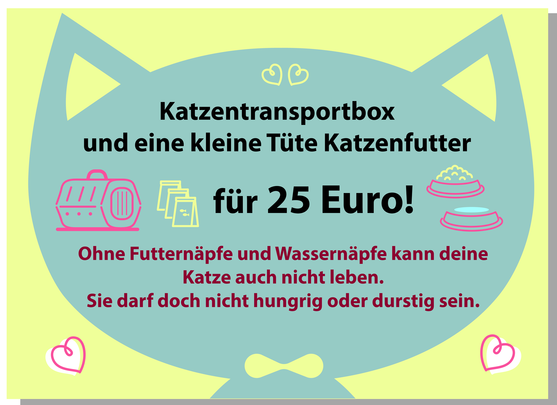 Ilustracja przedstawia ulotkę reklamową. Widoczne są rysunki przedstawiające kota, transporter i karmę. Transkrypcja reklamy dostępna jest poniżej.