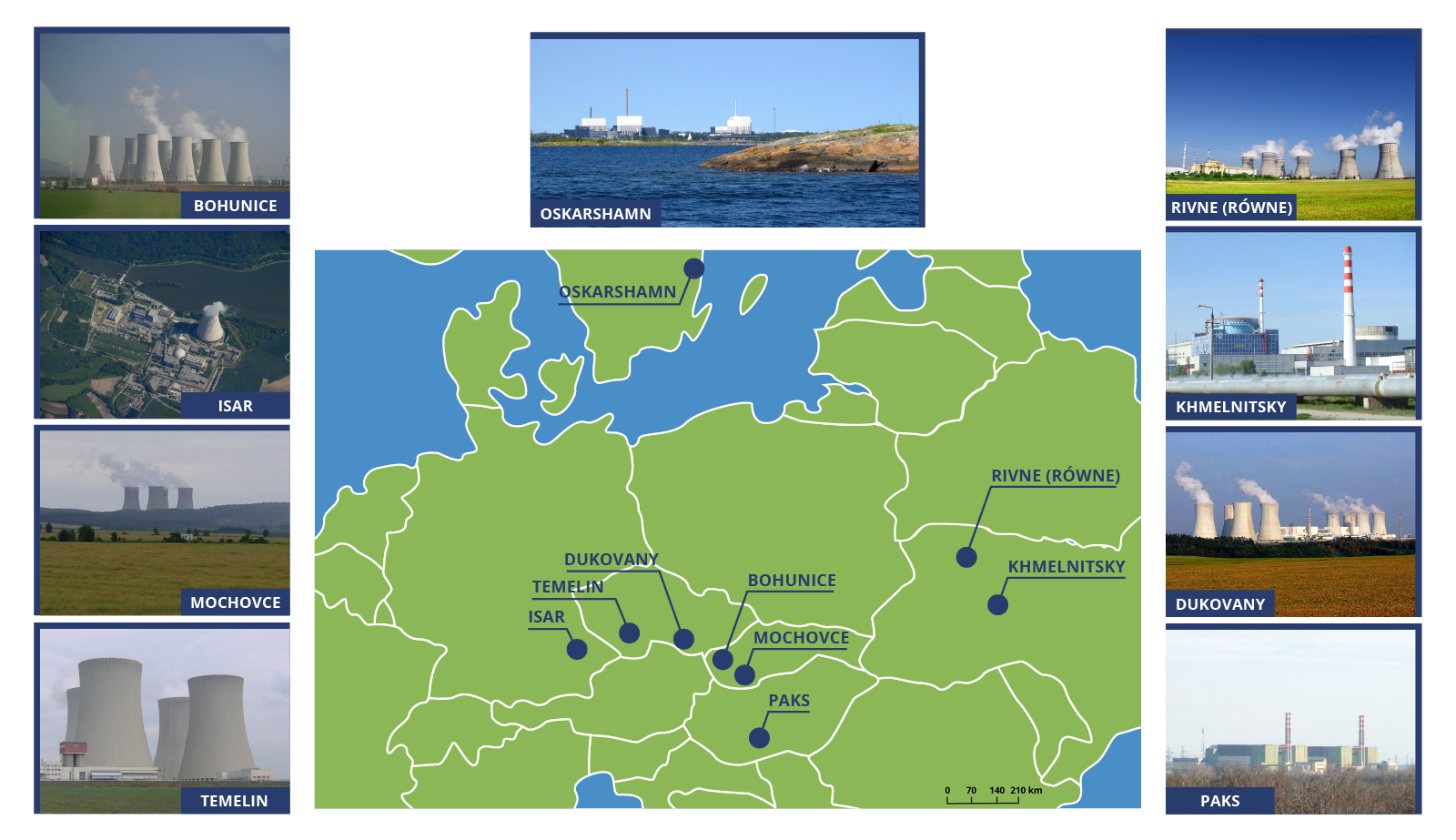 Mapa prezentuje lokalizacje elektrowni atomowych położonych najbliżej granic Polski. W Niemczech jest to elektrownia Isar, w Czechach Dukovany oraz Temelin, na Słowacji są to Bohunice oraz Mochovce, na Węgrzech – Paks, na Ukrainie – Równe oraz Khmelnitsky, z kolei w Szwecji – Oskarshamn. Dookoła mapy są widoczne zdjęcie przedstawiające dane elektrownie atomowe – na każdym zdjęciu dominują wielkie kominy.