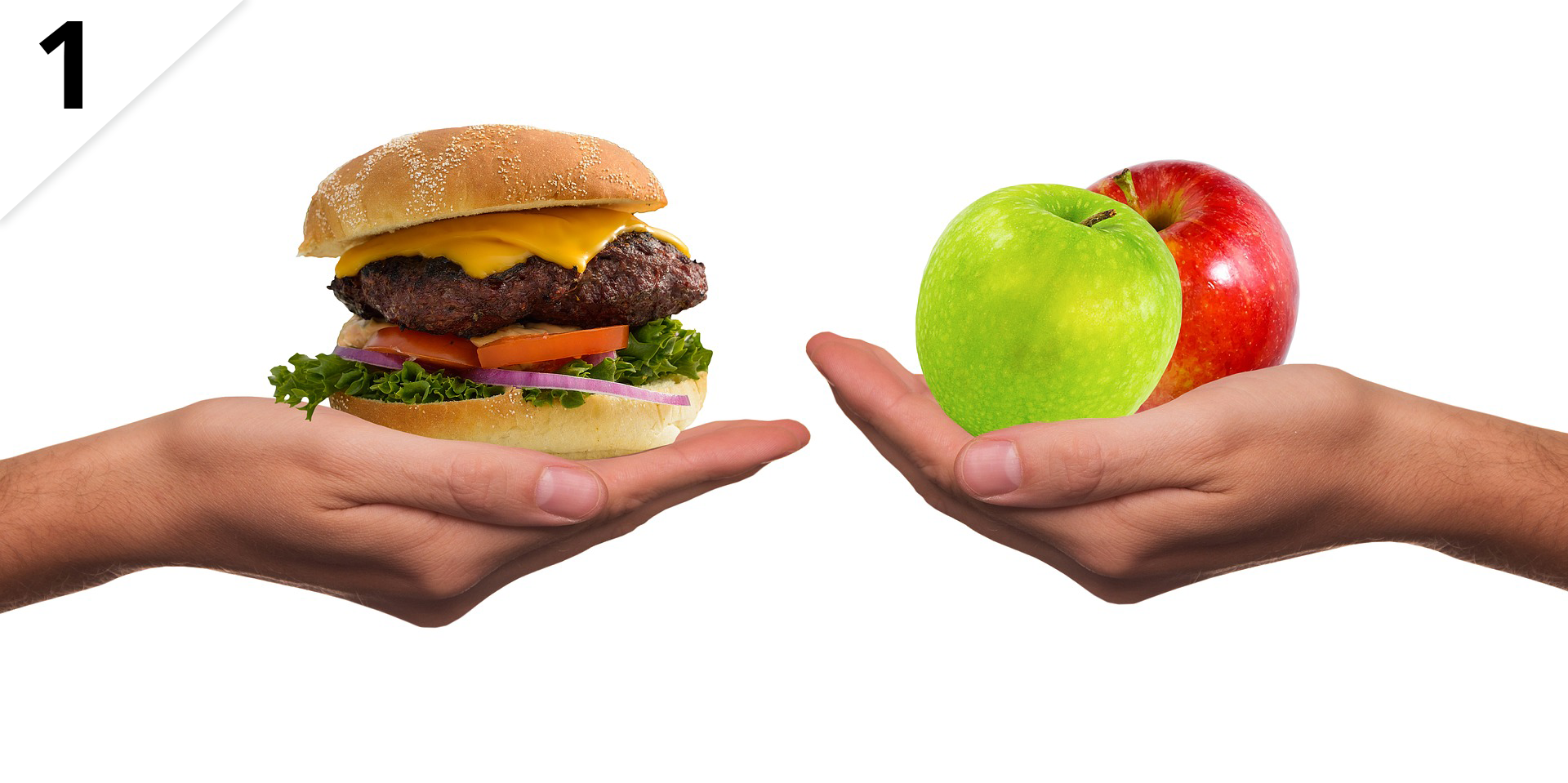 Zdjęcie przedstawia dwie dłonie znajdujące się naprzeciw siebie. W dłoni po lewej stronie znajduje się mięsny hamburger. W dłoni po prawej stronie znajdują się dwa jabłka: czerwone i zielone.