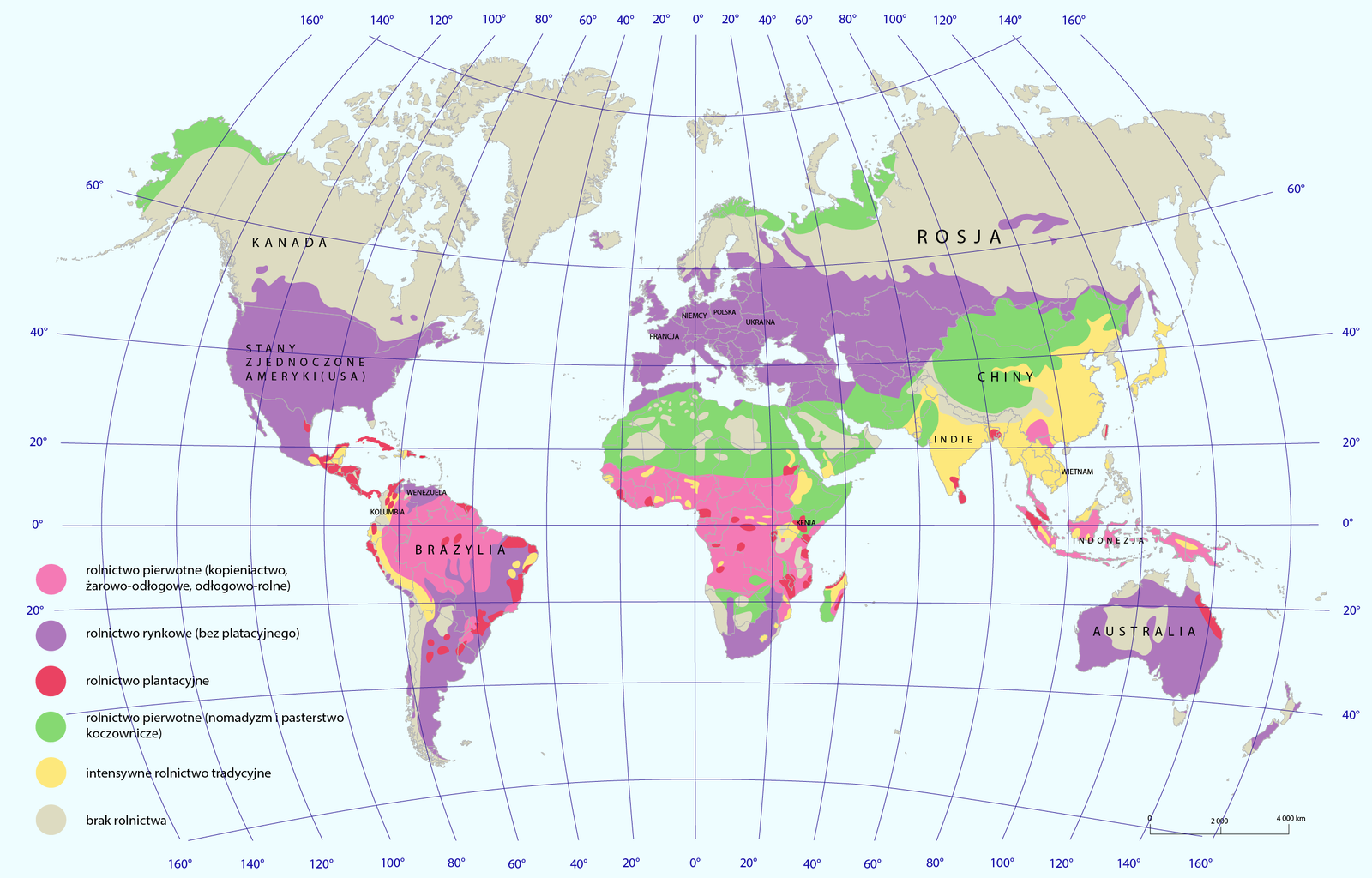 Mapa świata wraz z oznaczeniami przy pomocy różnych kolorów typów występującego rolnictwa. Po prawej stronie legenda. 
Kolorem różowym oznaczono rolnictwo pierwotne – kopieniactwo, żarowo‑odłogowe, odłogowo‑rolne. Występuję w centralnej części Afryki i w Afryce Subsaharyjskiej, zajmuje niespełna połowę powierzchni kontynentu. Poza Afryką występuje na Nizinie Amazonki i w Indonezji.
Rolnictwo rynkowe – bez plantacyjnego – oznaczono kolorem fioletowym. W Afryce występuje na północno zachodnim wybrzeżu oraz na terenie RPA i w części Namibii i Zimbabwe. Poza Afryką w niemal całej Europie (do południowych krańców Skandynawii), Azji zachodniej aż do północno‑zachodniej części Mongolii na wschodzie i północnych obszarów Iraku i Iranu, na większości terenu Australii (z wyłączeniem centralnej i północnej części, gdzie występują pustynie), w Argentynie i południowo‑wschodniej części Brazylii (nie licząc linii wybrzeża) oraz z Meksyku aż do pogranicza USA i Kanady.
Rolnictwo plantacyjne oznaczone na czerwono w Afryce występuje głównie w centralnej części, w postaci stosunkowo małych obszarów, granicząc z rolnictwem pierwotnym. Występuje również w Ameryce Środkowej, wschodnim wybrzeżu Ameryki Południowej, Sri Lance i południowo wschodnich Indiach, w zachodniej Indonezji i w północno wschodniej Australii. 
Rolnictwo pierwotne – nomadyzm i pasterstwo koczownicze – oznaczone na zielono w Afryce występuje w północnej części kontynentu oraz na terenie półwyspu Somalijskiego, a także w Botswanie, południowo zachodnim Madagaskarze. Poza Afryką występuje również w Chinach (część centralna, zachodnia i północna), Mongolii, południowym Iranie, na pograniczu Pakistanu i Afganistanu oraz wzdłuż większości wybrzeża Półwyspu Arabskiego i w północno wschodniej części Skandynawii oraz w północno zachodniej Alasce.
Intensywne rolnictwo tradycyjne oznaczone na żółto w Afryce występuje na niewielkich obszarach we wschodniej Kenii, północnej części Madagaskaru i kilku innych miejscach o dość małej powierzchni na południe od Sahary i między Ugandą, Kenią i Tanzanią. Poza Afryką występuje w Indiach, Azji południowo‑wschodniej, wschodnich Chinach, Korei Południowej i Japonii, a także w północno zachodniej części Ameryki Południowej wzdłuż wybrzeża.
Brak rolnictwa na obszarach pustynnych, wokół linii (i powyżej) koła podbiegunowego i w wysokich górach.