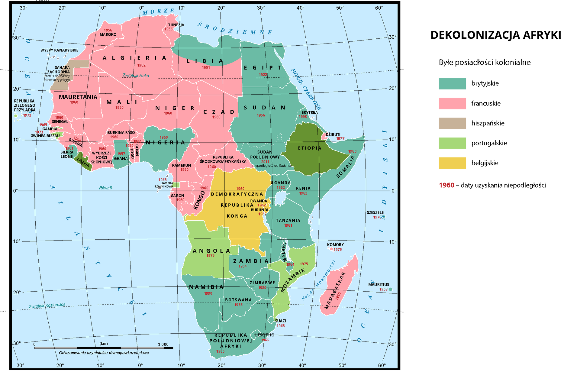 Mapa Afryki przedstawia dekolonizację w drugiej połowie XX wieku. Byłe kolonie brytyjskie to Sierra Leone, Ghana, Nigeria, północna część Libii, Egipt, Sudan, Sudan Południowy, Somalia, Kenia, Uganda, Tanzania, Zambia, Malawi, Zimbabwe, Namibia, Botswana, Republika Południowej Afryki, Lesotho, Suazi. Kolonie francuskie: Algieria, południowa część Libii, Mauretania, Senegal, Gwinea, Wybrzeże Kości Słoniowej, Benin, Togo, Burkina Faso, Mali, Niger, Czad, Kamerun, Gabon, Kongo, Republika Środkowoafrykańska, Dżibuti, Madagaskar, Komory. Byłe posiadłości hiszpańskie to Sahara Zachodnia. Byłe posiadłości portugalskie to Angola, Mozambik, Gambia, Gwinea Bissau. Byłe posiadłości belgijskie - Demokratyczna Republika Konga. Daty dekolonizacji: 1910 Południowa Afryka, 1922 Egipt, 1941 Etiopia, 1951 Libia, 1956 Maroko, Sudan, Tunezja, 1957 Ghana, 1958 Gwinea, 1960 Czad, Dahomej, Benin, Demokratyczna Republika Konga, Zair, Demokratyczna Republika Konga, Gabon, Górna Wolta, Burkina Faso, Kamerun, Kongo, Republika Malagaska, Madagaskar, Mali, Mauretania, Niger, Nigeria, Republika Środkowoafrykańska (później), Cesarstwo Środkowafrykańskie (później), Senegal. Somalia, Wybrzeże Kości Słoniowe. 1961 rok: Sierra Leone, Tanganika, Tanzania. 1962 rok: Algieria, Burundi, Rwanda, Uganda. 1963 rok Kenia, Zanzibar. 1964 rok Malawi, Zambia. 1965 rok Gambia. 1966 rok Botswana, Lesotho. 1968 rok Gwinea Równikowa, Mauritius. 1974 rok Republika Bissau. 1975 rok Angola, Komory, Mozambik, Republika Zielonego Przylądka, Wyspy Świętego Tomasza i Książęca. 1976 rok Seszele. 1977 rok Dżibuti. 1980 rok Zimbabwe. 1990 rok Namibia. 1993 rok Erytrea. 2011 rok Somalia Południowa - niepodległość od Sudanu. 