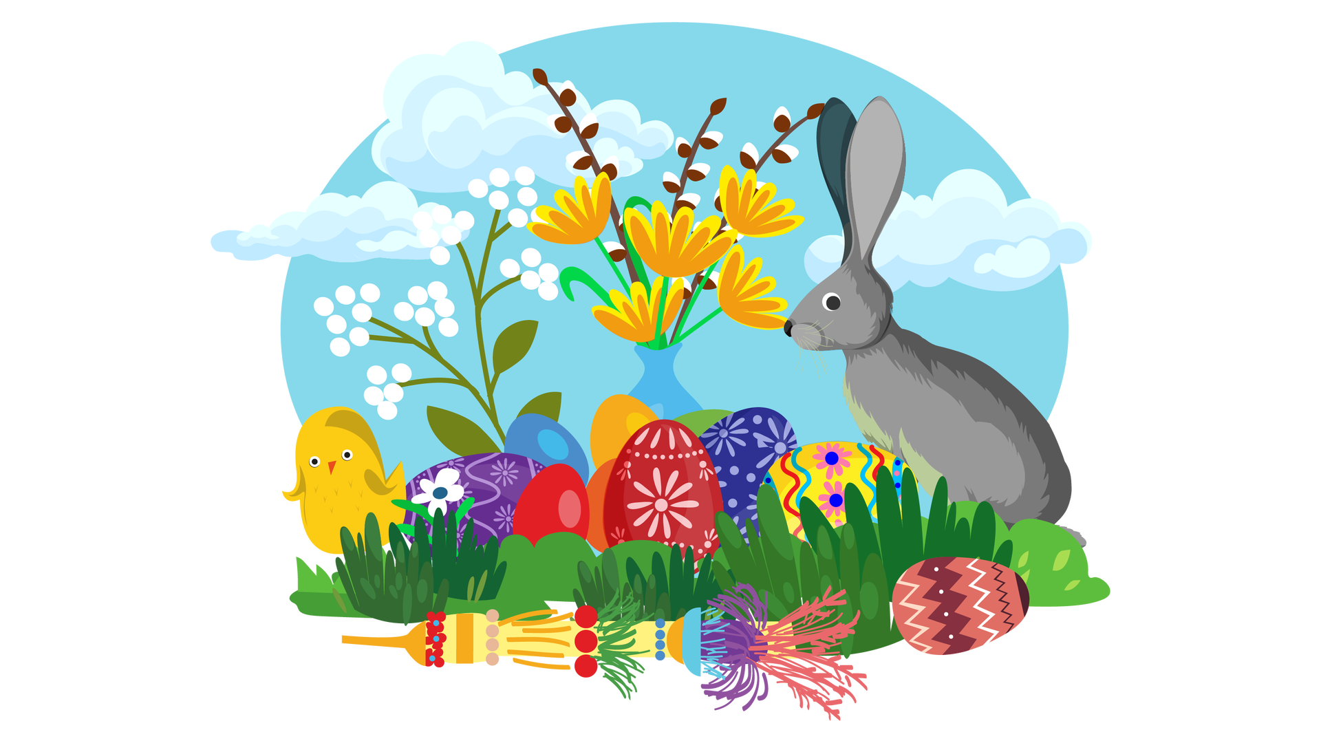 Ilustracja przedstawia zieloną polanę. W tle widać błękitne niebo z trzema jasnymi chmurami. Na środku polanki znajdują się pomarańczowe kwiaty i bazie w jasnoniebieskim wazonie. Dookoła wazonu leżą kolorowe pisanki. Za nimi, po lewej stronie, rośnie zielona roślina o zielonych łodygach i drobnych białych kwiatkach w kształcie kulek. Po lewej stronie ilustracji stoi żółty kurczaczek, a po prawej szary zając. Na pierwszym planie leży kolorowa palma wielkanocna. Na prawo od palmy leży jeszcze jedna pisanka.