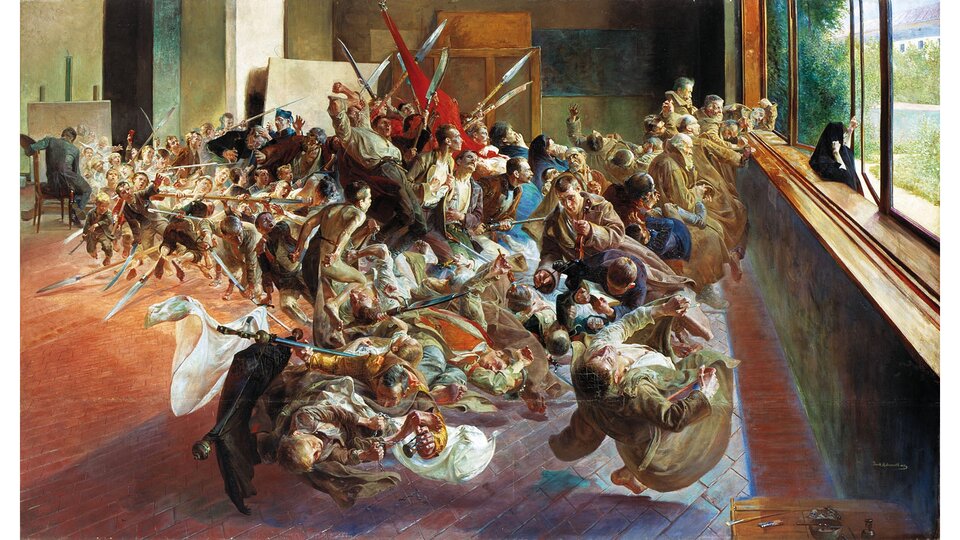 Obraz przedstawia dużą pracownię malarską. Z lewej strony widać niewielką postać artysty podczas malowania przy sztalugach. Z płótna, przy którym siedzi malarz, wylewa się w przestrzeń obrazu bezładny tłum alegorycznych postaci. Wśród unoszącego się tłumu można dostrzec przedstawicieli wielu kategorii społecznych, powstańców, kapłanów, dzieci, zrozpaczone kobiety, skazańców w kajdanach, kosynierów i żołnierzy napoleońskich. Wśród rekwizytów jest: uzbrojenie, bagnety, szable i strzelby, kosy osadzone na sztorc. Niektóre z osób trzymają w dłoniach skrzypce, książki, klepsydry i pędzle. Tłum ludzi wydaje się kierować do rozświetlonego okna po prawej stronie obrazu. Jednak tylko kilku zniedołężniałych starców dociera do parapetu. Po drugiej stronie okna widoczna jest tajemnicza kobieca postać ubrana w czarne szaty. 