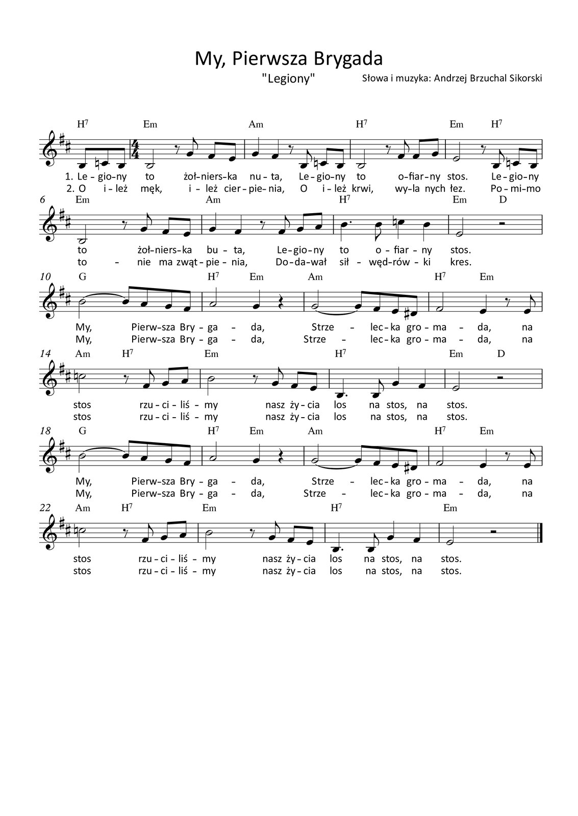 Grafika przedstawia partyturę utworu „My, Pierwsza Brygada” (znanego też pod nazwą „Legiony”) z tekstem i muzyką autorstwa Andrzeja Brzuchala Sikorskiego. Utwór jest napisany w metrum cztery czwarte, w tonacji D‑dur. Partytura ma jedną stronę, na której zapisano dwadzieścia cztery takty oraz przedtakt. Melodię zapisano w kluczu wiolinowym, a pod nutami zanotowano tekst, łącznie dwie zwrotki. Wszystkie dźwięki należą do oktaw małej, razkreślnej lub dwukreślnej.
W przedtakcie zapisano trzy ósemki: najpierw h, następnie c, a dalej ponownie h. Nad przedtaktem zapisano akord: dominantę septymową H. W pierwszym takcie utworu na pierwsze dwie miary śpiewana jest półnuta h, na miarę trzecią zapisano pauzę ósemkową oraz ósemkę g, a na miarę czwartą wykonywane są dwie ósemki: fis oraz e. Nad taktem zapisano akord e‑moll. W takcie drugim na pierwszą miarę śpiewana jest ćwierćnuta g, na miarę drugą ćwierćnuta fis, na trzecią miarę zapisano pauzę ósemkową oraz ósemkę h, a na miarę czwartą ósemki c oraz h. Nad taktem zapisano akord a‑moll. W trzecim takcie na pierwsze dwie miary śpiewana jest półnuta h, na miarę trzecią zapisano pauzę ósemkową oraz ósemkę fis, natomiast na miarę czwartą dwie ósemki: fis oraz g. Nad taktem zapisano akord: dominantę septymową H. W czwartym takcie na pierwsze dwie miary śpiewana jest półnuta e; na trzecią miarę zapisano pauzę ósemkową oraz ósemkę h, a na miarę czwartą ósemki c oraz h. Nad taktem zapisano akordy: e‑moll na pierwsze dwie miary oraz dominantę septymową H na miary trzecią oraz czwartą.
W piątym takcie utworu na pierwsze dwie miary śpiewana jest półnuta h, na miarę trzecią zapisano pauzę ósemkową oraz ósemkę g, a na miarę czwartą wykonywane są dwie ósemki: fis oraz e. Nad taktem zapisano akord e‑moll. W takcie szóstym na pierwszą miarę śpiewana jest ćwierćnuta g, na miarę drugą ćwierćnuta fis, na trzecią miarę zapisano pauzę ósemkową oraz ósemkę fis, a na miarę czwartą ósemki g oraz a. Nad taktem zapisano akord a‑moll. W siódmym takcie na pierwszą miarę śpiewana jest ćwierćnuta z kropką h, a następnie ósemka h; na miarę trzecią wykonywana jest ćwierćnuta c, natomiast na miarę czwartą ćwierćnuta h. Nad taktem zapisano akord: dominantę septymową H. W takcie ósmym na pierwsze dwie miary śpiewana jest półnuta e, a na miary trzecią oraz czwartą zapisano pauzę półnutową. Nad taktem zapisano akordy: e‑moll na pierwsze dwie miary oraz D‑dur na miary trzecią oraz czwartą.
W dziewiątym takcie na pierwsze dwie miary śpiewana jest półnuta h, przedłużona do miary trzeciej o ósemkę; dalej wykonywana jest ósemka a, a na miarę czwartą ósemki g oraz fis. Nad taktem zapisano akord G‑dur. W takcie dziesiątym na pierwsze dwie miary śpiewana jest półnuta a, na miarę trzecią ćwierćnuta g, natomiast na miarę czwartą zapisano pauzę ćwierćnutową. Nad taktem zapisano akordy: dominantę septymową H na pierwsze dwie miary oraz e‑moll na miary trzecią oraz czwartą. W jedenastym takcie na pierwsze dwie miary śpiewana jest półnuta g, przedłużona o ósemkę na miarę trzecią; dalej wykonywana jest ósemka fis, natomiast na czwartą miarę ósemki e oraz dis. Nad taktem zapisano akord a‑moll. W dwunastym takcie na pierwsze dwie miary śpiewana jest półnuta fis, na miarę trzecią ćwierćnuta e, natomiast na miarę czwartą zapisano pauzę ósemkową oraz ósemkę e. Nad taktem zapisano akordy: dominantę septymową H na pierwsze dwie miary oraz e‑moll na miary trzecią oraz czwartą.
W trzynastym takcie na pierwsze dwie miary śpiewana jest półnuta c, na miarę trzecią zapisano pauzę ósemkową oraz ósemkę fis, natomiast na miarę czwartą ósemki g oraz a. Nad taktem zapisano akordy: a‑moll na pierwsze dwie miary oraz dominantę septymową H na miary trzecią oraz czwartą. W takcie czternastym na pierwsze dwie miary śpiewana jest półnuta h, na miarę trzecią zapisano pauzę ósemkową oraz ósemkę g, a na miarę czwartą ósemki fis oraz e. Nad taktem zapisano akord e‑moll. W piętnastym takcie na pierwszą miarę śpiewana jest ćwierćnuta z kropką h, po której następuje ósemka h; na miarę trzecią wykonywana jest ćwierćnuta g, natomiast na miarę czwartą ćwierćnuta fis. Nad taktem zapisano akord: dominantę septymową H. W szesnastym takcie na pierwsze dwie miary śpiewana jest półnuta r, natomiast na miary trzecią oraz czwartą zapisano pauzę półnutową. Nad taktem zapisano akordy: e‑moll na pierwsze dwie miary oraz D‑dur na miary trzecią oraz czwartą.
W siedemnastym takcie na pierwsze dwie miary śpiewana jest półnuta h, przedłużona do miary trzeciej o ósemkę; dalej wykonywana jest ósemka a, a na miarę czwartą ósemki g oraz fis. Nad taktem zapisano akord G‑dur. W takcie osiemnastym na pierwsze dwie miary śpiewana jest półnuta a, na miarę trzecią ćwierćnuta g, natomiast na miarę czwartą zapisano pauzę ćwierćnutową. Nad taktem zapisano akordy: dominantę septymową H na pierwsze dwie miary oraz e‑moll na miary trzecią oraz czwartą. W dziewiętnastym takcie na pierwsze dwie miary śpiewana jest półnuta g, przedłużona o ósemkę na miarę trzecią; dalej wykonywana jest ósemka fis, natomiast na czwartą miarę ósemki e oraz dis. Nad taktem zapisano akord a‑moll. W dwudziestym takcie na pierwsze dwie miary śpiewana jest półnuta fis, na miarę trzecią ćwierćnuta e, natomiast na miarę czwartą zapisano pauzę ósemkową oraz ósemkę e. Nad taktem zapisano akordy: dominantę septymową H na pierwsze dwie miary oraz e‑moll na miary trzecią oraz czwartą.
W dwudziestym pierwszym takcie na pierwsze dwie miary śpiewana jest półnuta c, na miarę trzecią zapisano pauzę ósemkową oraz ósemkę fis, natomiast na miarę czwartą ósemki g oraz a. Nad taktem zapisano akordy: a‑moll na pierwsze dwie miary oraz dominantę septymową H na miary trzecią oraz czwartą. W takcie dwudziestym drugim na pierwsze dwie miary śpiewana jest półnuta h, na miarę trzecią zapisano pauzę ósemkową oraz ósemkę g, a na miarę czwartą ósemki fis oraz e. Nad taktem zapisano akord e‑moll. W dwudziestym trzecim takcie na pierwszą miarę śpiewana jest ćwierćnuta z kropką h, po której następuje ósemka h; na miarę trzecią wykonywana jest ćwierćnuta g, natomiast na miarę czwartą ćwierćnuta fis. Nad taktem zapisano akord: dominantę septymową H. W ostatnim, dwudziestym czwartym takcie na pierwsze dwie miary śpiewana jest półnuta e, natomiast na miary trzecią oraz czwartą zapisano pauzę półnutową. Nad taktem zapisano akord e‑moll.