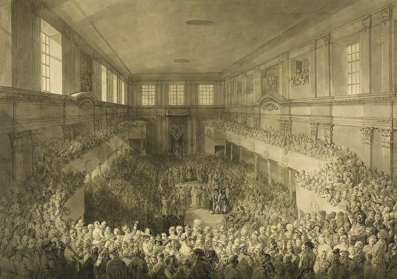 Obraz  przedstawia zgromadzenie wewnątrz budynku, sala jest cała wypełniona ludźmi.