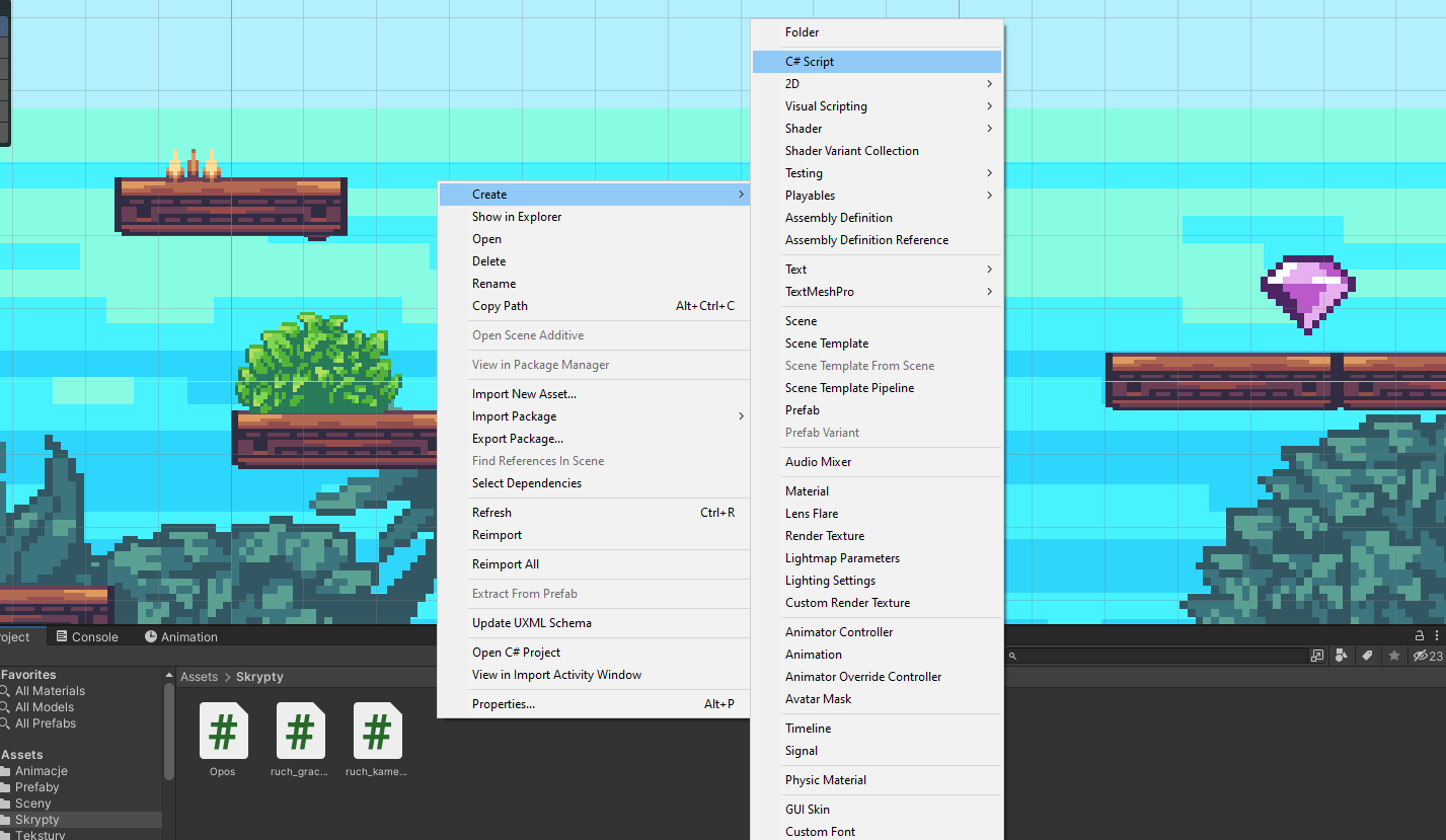 Ilustracja przedstawia panel programu  Unity Hub  z projektem gry platformowej. Widoczne jest niebieskie niebo, zielona roślinność na podłożu oraz trzy drewniane platformy umiejscowione na różnych wysokościach. Na jednej z nich znajdują się trzy niewielkie, brązowe i żółte buteleczki, na drugiej zielony krzew, a na trzeciej fioletowy diament. Na tle planszy rozwinięta jest lista menu z opcjami wyboru. Spośród nich wybrana jest opcja  Create  ze strzałką w prawo, a obok druga lista menu z opcjami wyboru i zaznaczoną opcją  C# Script . 