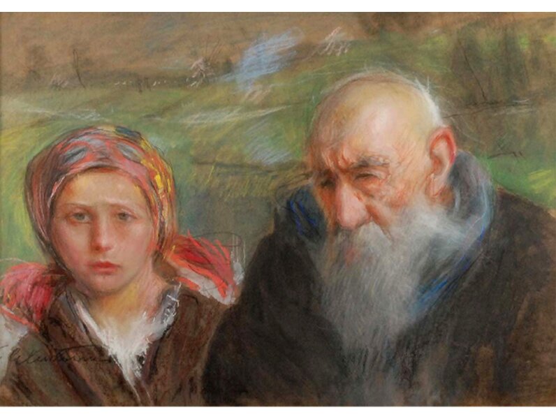Obraz przedstawia dwójkę ludzi, starszego mężczyznę i młodą dziewczynę w chuście na głowie.