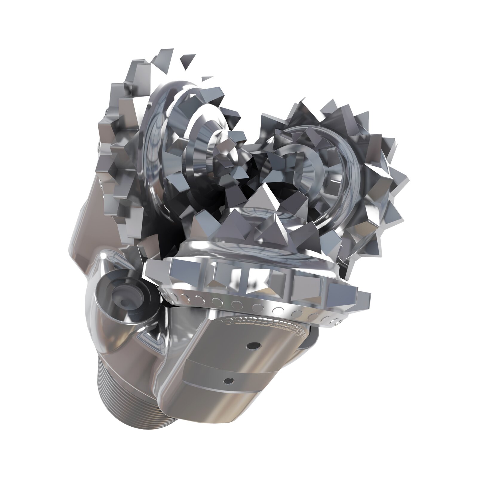 Grafika przedstawia świder gryzowy z zębami frezowymi. Świdry gryzowe to najpowszechniej stosowany typ świdrów w wiertnictwie obrotowym. Składają się z zespawanych ze sobą segmentów (łap) wyposażonych w czopy, na których osadzone są obrotowe gryzy uzbrojone w zęby frezowane lub słupki. W segmentach umieszczane są kanały, doprowadzające płuczkę wiertniczą pod gryzy. Kanały zakończone są wymiennymi dyszami porcelanowymi, których zadaniem jest nadanie odpowiedniej prędkości wypływu płuczce wiertniczej. W zależności od konstrukcji świdra, ilość dysz może wynosić
,
lub
. Charakterystyczną cechą świdrów gryzowych są łożyska, umieszczone na czopie, umożliwiające obracanie się gryzów podczas urabiania skały. Sposób w jaki ułożyskowany jest czop może się zmnieniać w zależności od sił jakie łożyska będą musiały przenieść. Głównym zadaniem obecności łożyska kulkowego w konstrukcji świdra jest zapobieganie spadnięciu gryza z czopa. W zależności od twardości skał stosuje się gryzy z zębami frezowanymi (do skał miękkich) lub z zębami słupkowymi (do skał twardych). Im skała bardziej miękka tym długość słupków lub zębów jest większa a im twardsza tym mniejsza. Rozmieszczone zęby lub słupki na obwodzie gryzów tworzą wieńce w taki sposób, że wieńce jednego gryza wchodzą między wieńce drugiego gryza. Takie ułożenie powoduje samoczyszczenie się gryzów z urobku. W celu zapobiegnięcia utraty średnicy zewnętrznej powierzchnie boczne segmentów są wzmacniane poprzez napawanie twardym materiałem lub zbrojąc je słupkami z węglików spiekanych. Wyróżniamy świdry jedno-, dwu-, trój- lub czterogryzowe jednak najczęściej stosowane są świdry trójgryzowe. Do danych warunków techniczno - geologicznych świdry gryzowe dobieramy według kodu IADC. Sposób w jaki świder gryzowy urabia zwiercaną skałę to kruszenie.
W rzucie głównym widać urządzenie mechaniczne, którego podstawę stanowi gwintowany czop w kształcie lejka. Na czopie osadzone są trzy łapy zakończone gryzem. Łapa, znajdująca się w centralnej części ekranu, widziana z tyłu ma kształt prostokąta o zaokrąglonych wierzchołach górnych. Łapa, która znajduje się z prawej strony ekranu, widziana z boku, jest w kształcie połowy prostopadłościanu utworzonego poprzez odcięcie jego części w linii przekątnej prostopadłościanu. Na utworzonej w ten sposób powierzchni bocznej łapy osadzone są gryzy. Gryz stanowi półkolistą tarczę, po obwodzie której w formie wieńców osadzone są zęby frezowe. Ząb frezowy jest w kształcie graniastosłupa trójkątnego czyli graniastosłupa posiadającego w podstawie trójkąt. Graniastosłup jest osadzony na tarczy w sposób, w którym podstawy trójkątne bryły są widziane jako ściany boczne. Widoczne rzędy wieńców na sąsiadujących gryzach wchodzą między siebie.