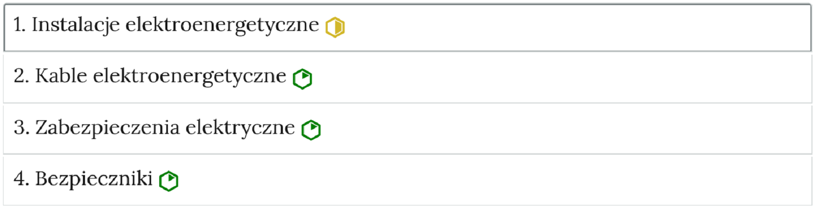 Przykładowy wygląd zakładek zawierających interaktywne materiały sprawdzające. Na panelach z tytułem ćwiczeń znajdują się oznaczenia poziomu trudności zadania w postaci sześciokątów. Kolorem zielonym oznaczony jest łatwy poziom trudności, kolorem żółtym średni.