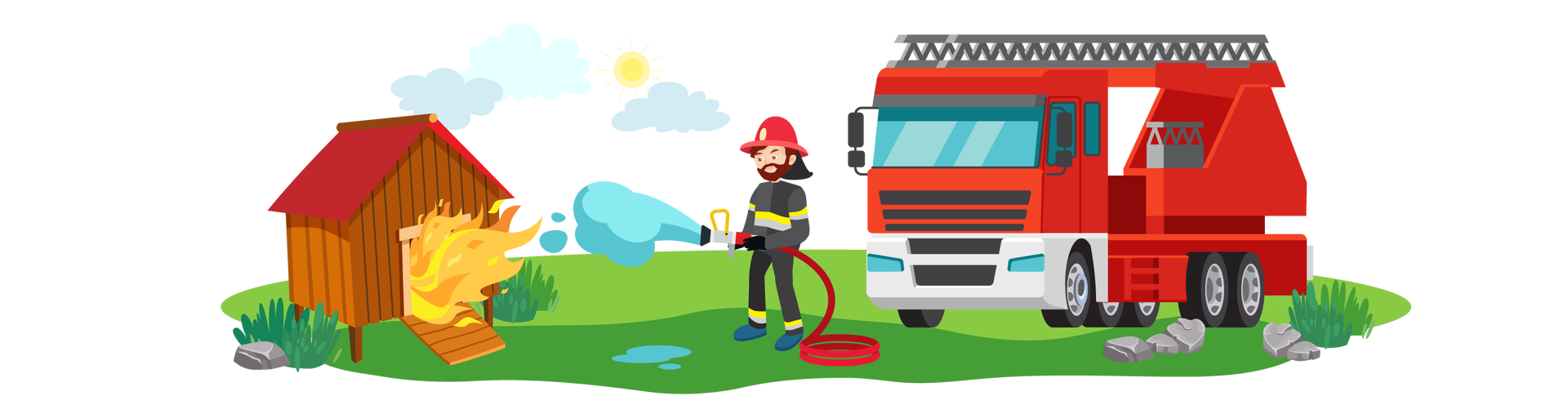 Ilustracja przedstawia teren porośnięty zielenią. Gdzieniegdzie leżą pojedyncze szare kamienie. W tle widać słońce i dwie błękitne chmury. Po lewej stronie stoi płonąca brązowa budka z czerwonym dachem i z kładką prowadzącą do wejścia. Obok niej, na środku ilustracji, stoi strażak. Ma ciemnobrązowe włosy, krótkie wąsy i krótką brodę, jest ubrany w czarny mundur strażacki z elementami odblaskowymi, granatowe buty, czarne rękawice i czerwony hełm strażacki. W rękach trzyma czerwony wąż strażacki, z którego wydobywa się woda gasząca pożar. Za strażakiem, po prawej stronie ilustracji, stoi czerwony wóz strażacki. Ma duże koła i szarą drabinę na dachu.