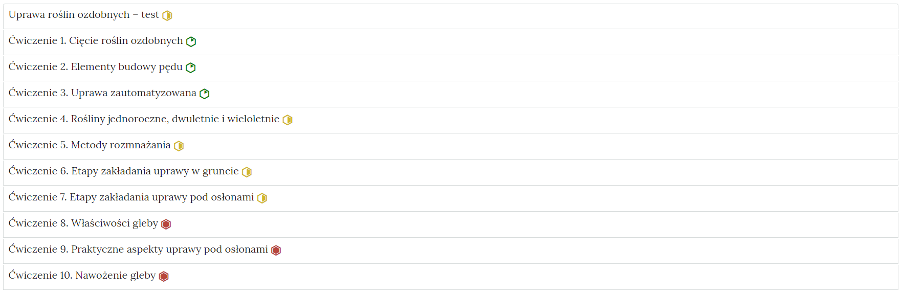 Grafika przedstawia przykładowy widok ogólny harmonii z dziesięcioma interaktywnymi materiałami sprawdzającymi. Jest to kolumna z dziesięcioma wierszami. Wewnątrz każdego z nich został umieszczony numer ćwiczenia wraz z nazwą działu, którego dotyczy. Z boku dodatkowo znajduje się ikonka w kształcie sześciokąta oznaczająca poziom trudności. Zielona oznacza łatwy, żółta średni, a czerwona trudny. Po kliknięciu danego wiersza ukazuje się wybrane ćwiczenie.