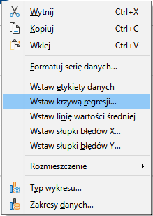 Ilustracja przedstawia fragment menu programu Calc. Zaznaczona jest opcja Wstaw krzywą regresji.