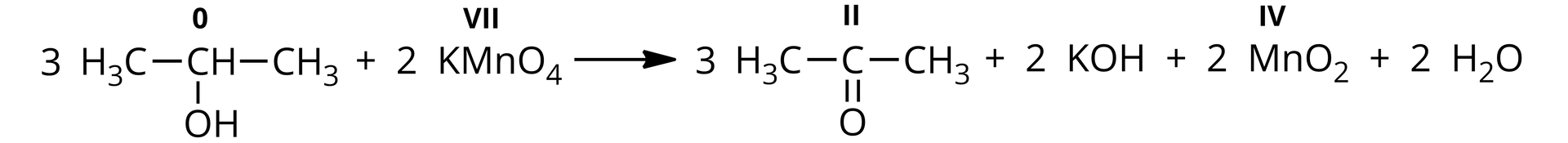 Na ilustracji jest równanie reakcji. Pierwszy substrat o trzech cząsteczkach ma wzór: grupa CH (atom węgla 0 stopień utlenienia) łączy się po lewej i prawej stronie z grupą metylową, a na dole z grupą OH + 2 K M n O 4 (Mn na VII stopniu utlenienia) strzałka w prawo trzy cząsteczki substratu o wzorze: atom węgla (II stopień utlenienia) łączy się po lewej i prawej stronie z grupą metylową, a na dole wiązaniem podwójnym z atomem tlenu + 2KOH + 2 M n O 2 (Mn na IV stopniu utlenienia) + 2 H 2 O .