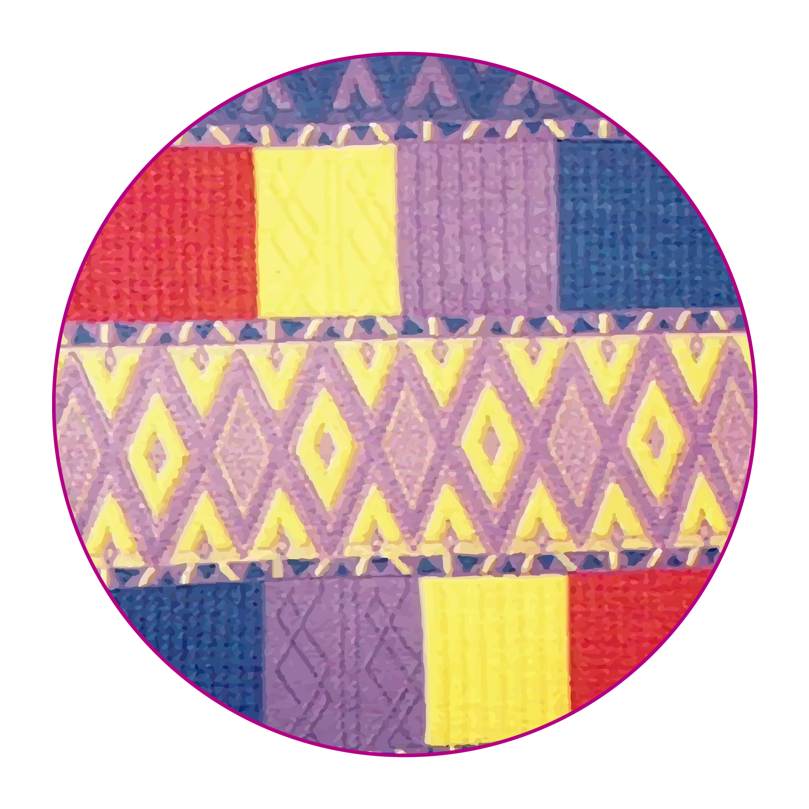 Zdjęcie przedstawia różnokolorową dzianinę, składającą się z kolorowych kwadratów we wzory oraz szerokich pasów w romby. Kolory na materiale to żółty, fioletowy, niebieski, czerwony.