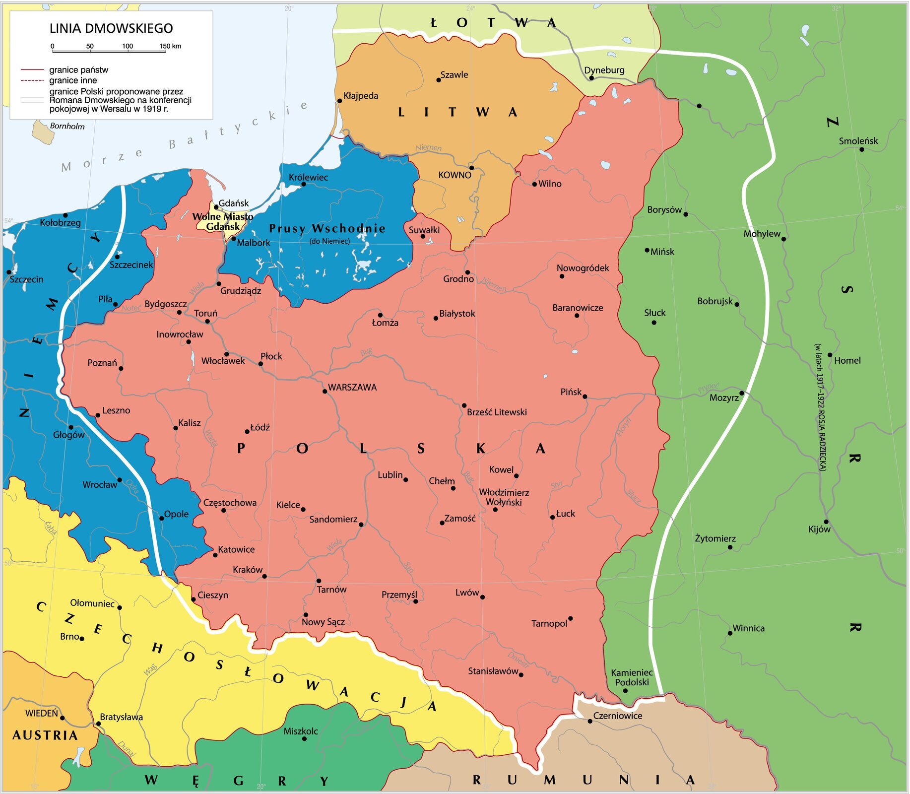 Mapa przedstawia Polskę z okresu dwudziestolecia międzywojennego z zaznaczoną tak zwaną linią Dmowskiego, czyli granicą Polski, którą Dmowski proponował na konferencji pokojowej w Wersalu w 1919 roku. Według niego oprócz tego co udało się uzyskać do 1921 roku, Polska powinna posiadać jeszcze: Zaolzie, Śląsk aż do Opola, większa część Pomorza, Gdańsk, Całe Prusy Wschodnie, Cała Litwa, południowe obszary Łotwy i znacząco większy obszar na wschód z Mińskiem i Kamieńcem Podolskim. 