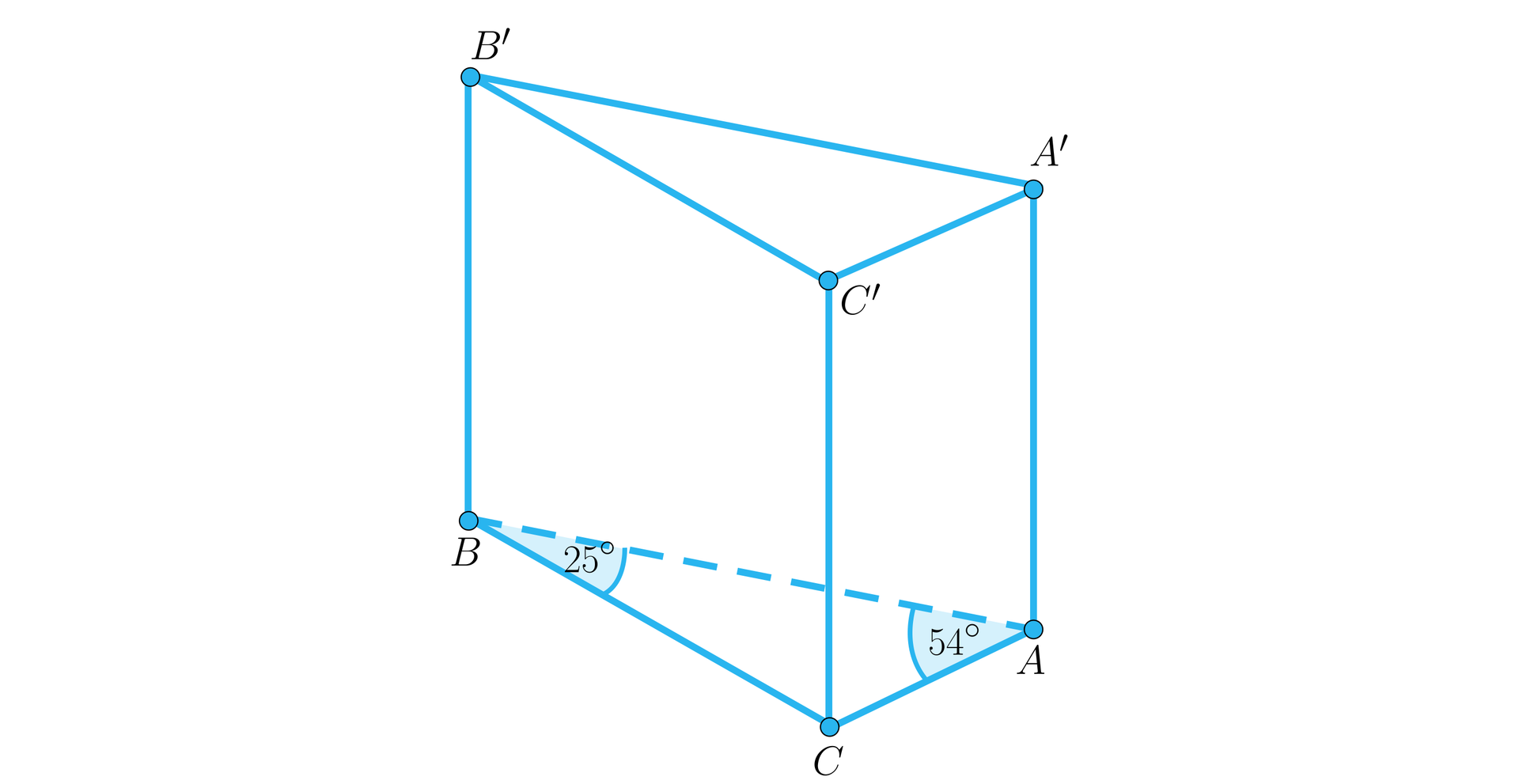 Ilustracja przedstawiająca graniastosłup A B C A' B' C' o podstawie trójkąta. Kąt przy wierzchołku A dolnej podstawy ma miarę 54°, a przy wierzchołku B miarę 25°