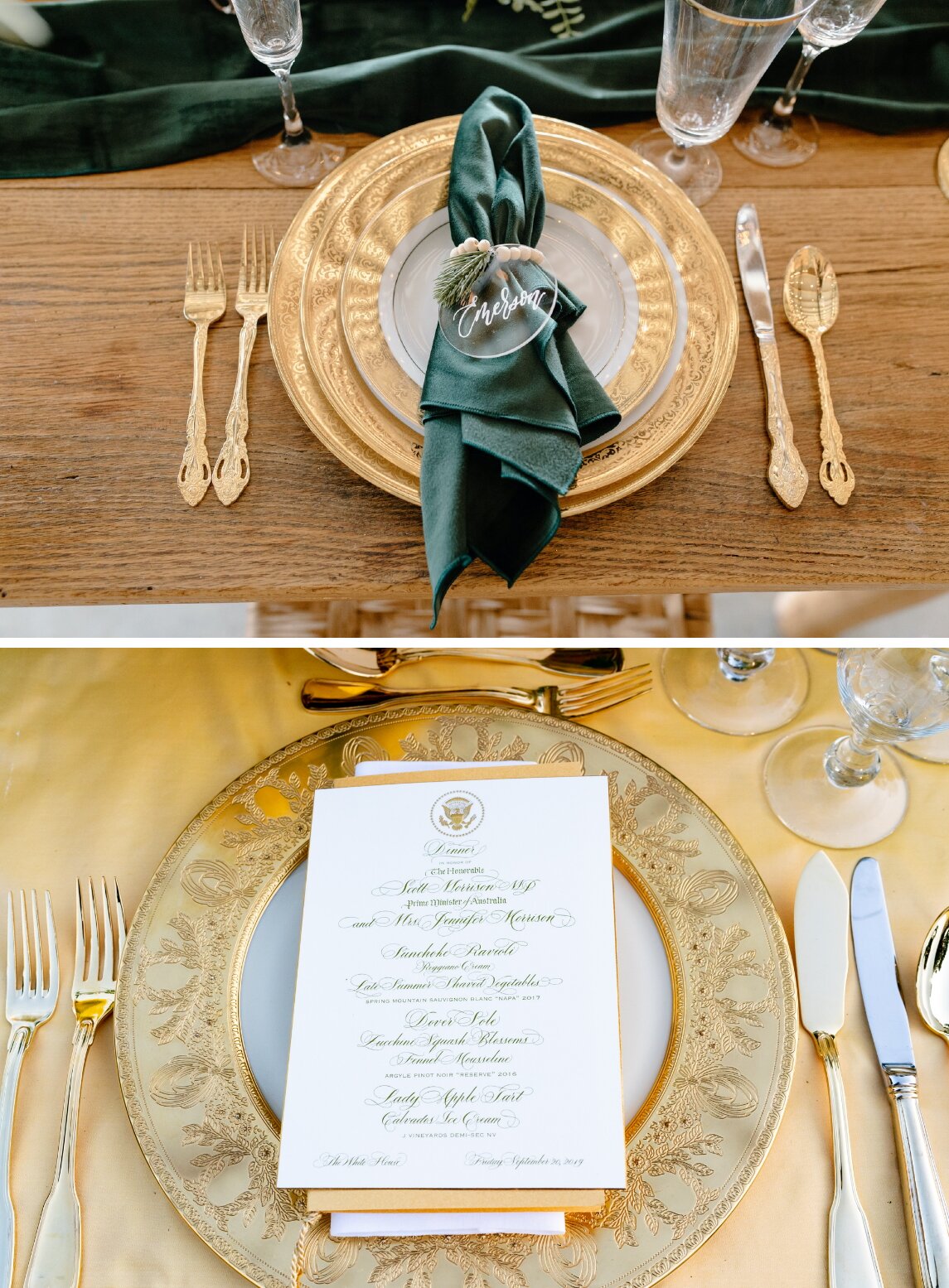 Na ilustracji dwa zdjęcia na pierwszym od dołu znajduje się elegancka złota zastawa na żółtym obrusie. Na złotym talerzu umieszczone jest menu. U góry na złotym talerzu ciemnozielona serweta materiałowa, przewiązana sznurkiem z tabliczką z wygrawerowanym napisem Christmas.  Za talerzem ciemnozielony bieżnik i szklanki.  