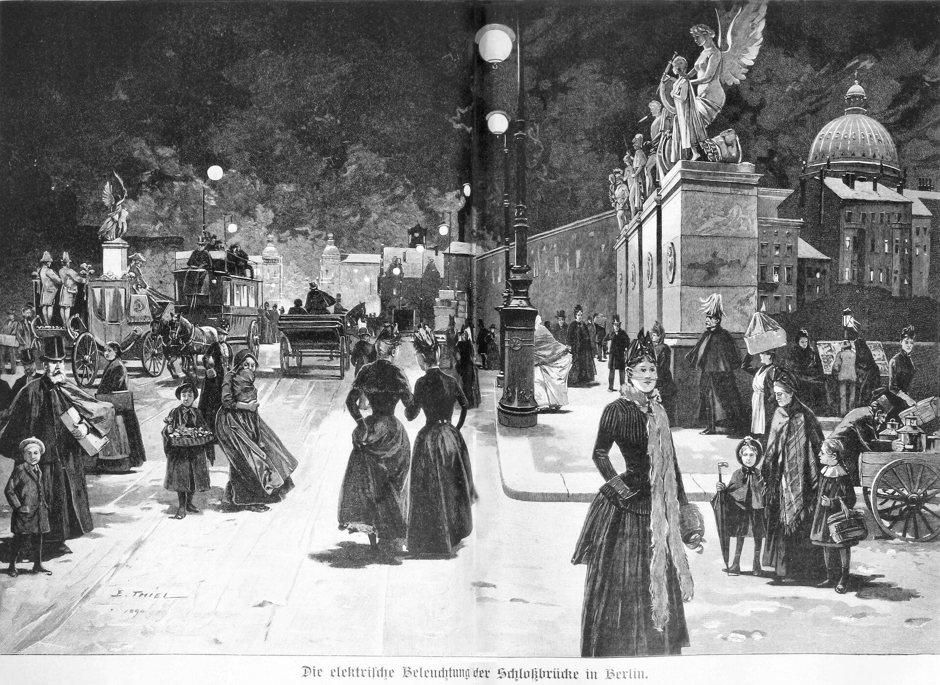 Ilustracja przedstawia ulice w mieście. Jest na niej sporo osób - kobiety ubrane są w długie suknie, szale, nakrycia głowy. Dzieci i mężczyźni mają na sobie płaszcze. Ulicami jeżdżą dorożki. Po prawej stronie widać budynek z kopułą i pomniki na wysokich postumentach. Przy ulicy stoją latarnie.