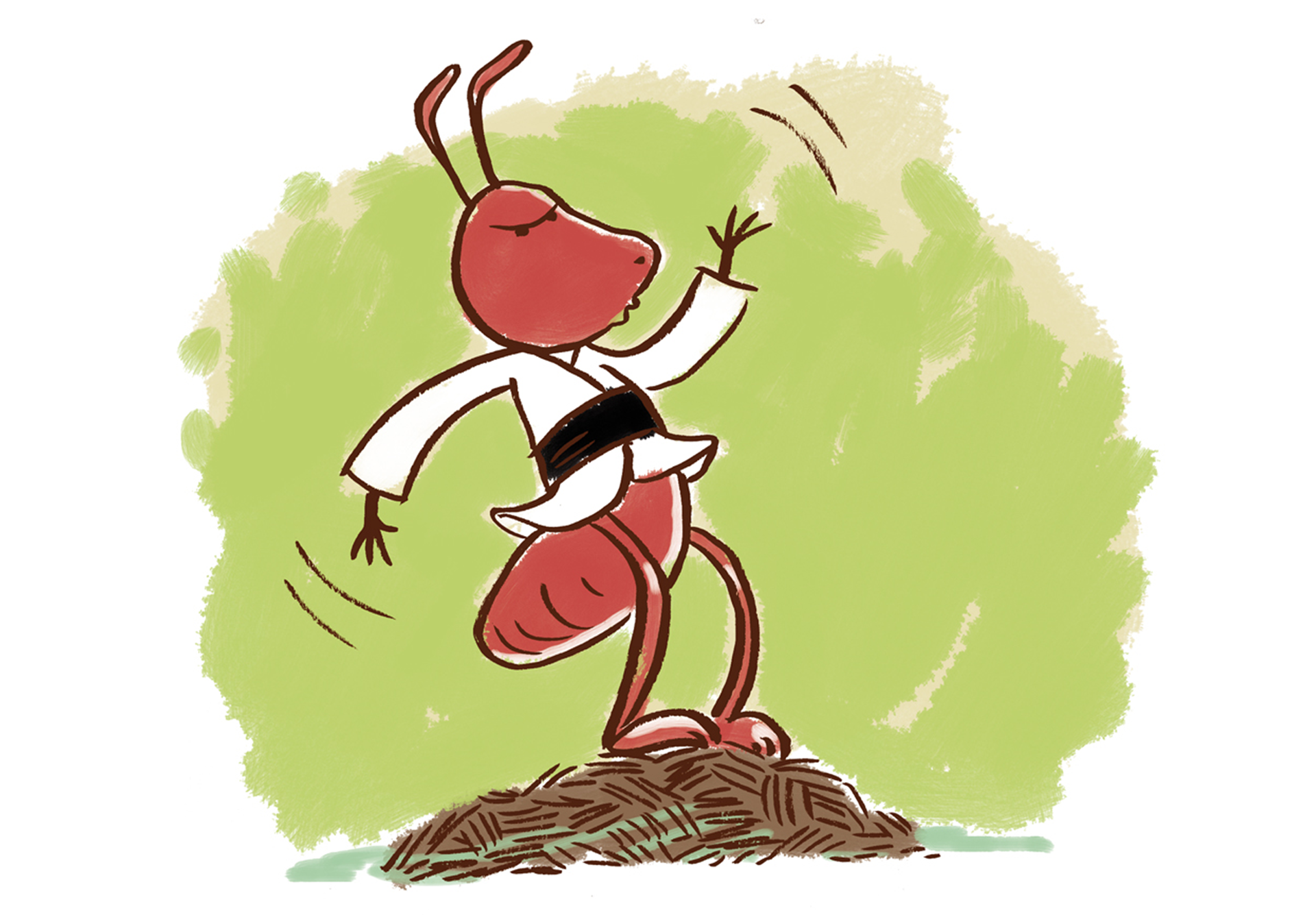 Kolorowa ilustracja przedstawia mrówkę w ujęciu z boku, stoi na dwóch nogach, przyjmuje pozę karateki do ataku. Nosi bluzę od kimona przewiązaną czarnym pasem.  Ma groźnie zmarszczone brwi. Tło jest zielono‑szare.