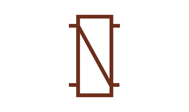 Grafika przedstawia symbol wymiennika ciepła. Ma on formę prostokąta ze skośną linią wewnątrz i liniami na dłuższych bokach.
