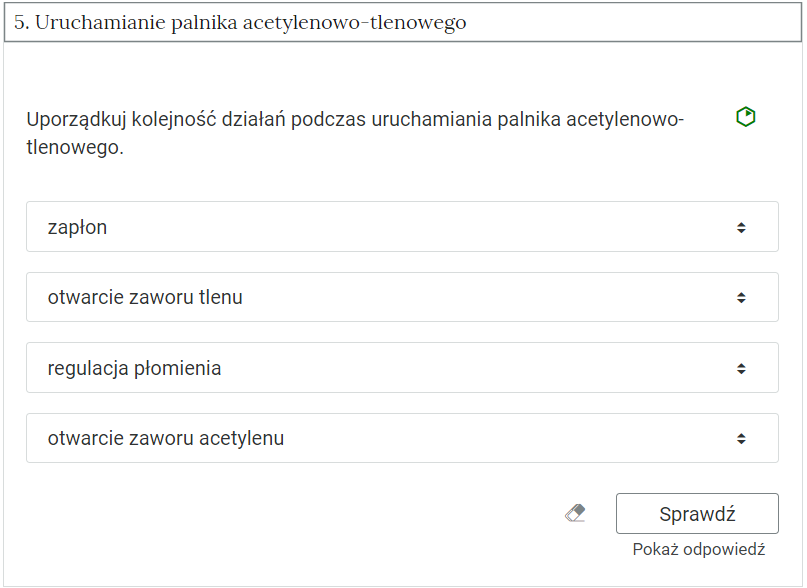 Zdjęcie przedstawia otwartą zakładkę z przykładowym zadaniem. Pod nazwą zakładki znajduje się polecenie. Pod poleceniem widać treść zadania z odpowiedziami do wyboru. Po prawej stronie polecenia widać zielony sześciokąt. Poniżej zadania, po prawej stronie panelu znajduje się ikona sprawdź. Po jej lewej stronie widać symbol gumki. Poniżej przycisku sprawdź znajduje się napis pokaż odpowiedź.