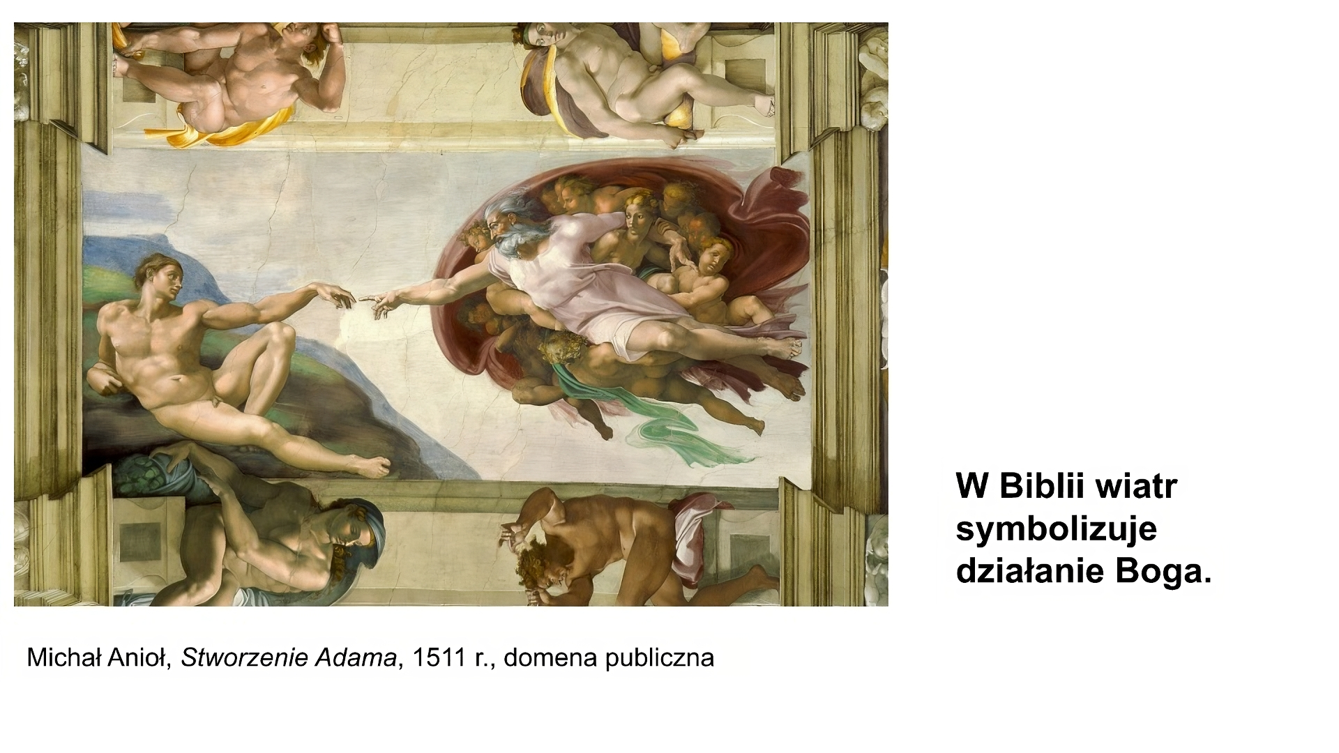 Biały slajd. Z lewej strony fresk. Po prawej stronie dobrze zbudowany mężczyzna w średnim wieku, z siwymi dłuższymi włosami i brodą, w powiewnej jasnej szacie przed kolana, w otoczeniu nagich osób. Wyciąga prawą rękę w kierunku młodego nagiego mężczyzny, który leży na ziemi. Młody mężczyzna wyciąga lewą rękę w kierunku ręki mężczyzny w średnim wieku. Pod obrazem podpis: „Michał Anioł, Stworzenie Adama, 1511 rok, domena publiczna”. W prawym dolnym rogu slajdu napis: „W Biblii wiatr symbolizuje działanie Boga”.