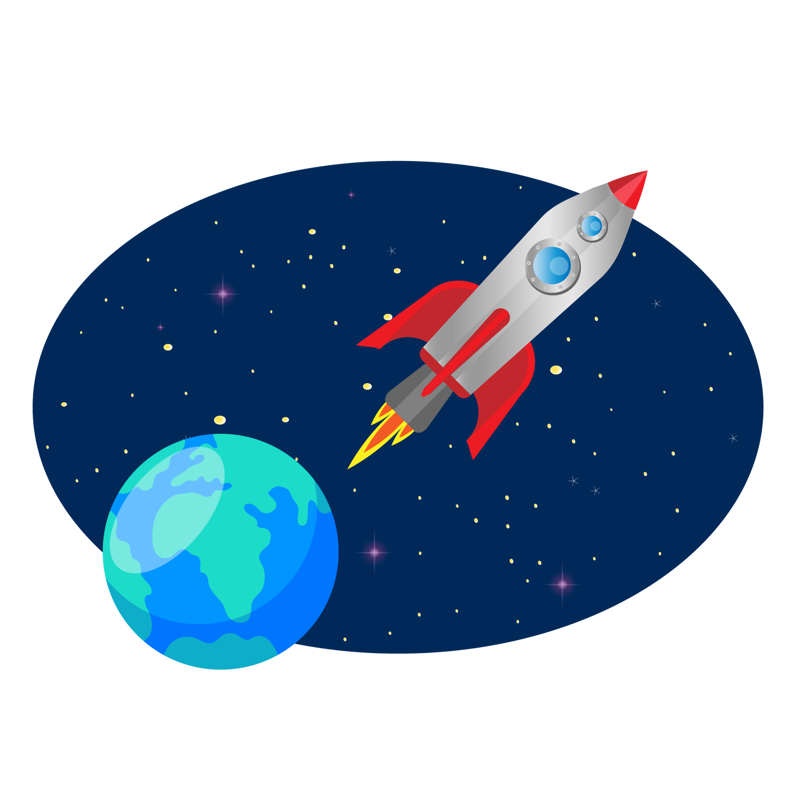 Ilustracja przedstawia przestrzeń kosmiczną. Tło jest granatowe, widać liczne drobne gwiazdy. Po lewej stronie znajduje się kula ziemska. Po prawej stronie leci srebrno‑czerwona rakieta z dwoma okrągłymi oknami. Jest podłużna, zwężająca się ku górze. Z silnika rakiety, znajdującego się w jej dolnej części, wydobywają się trzy płomienie.