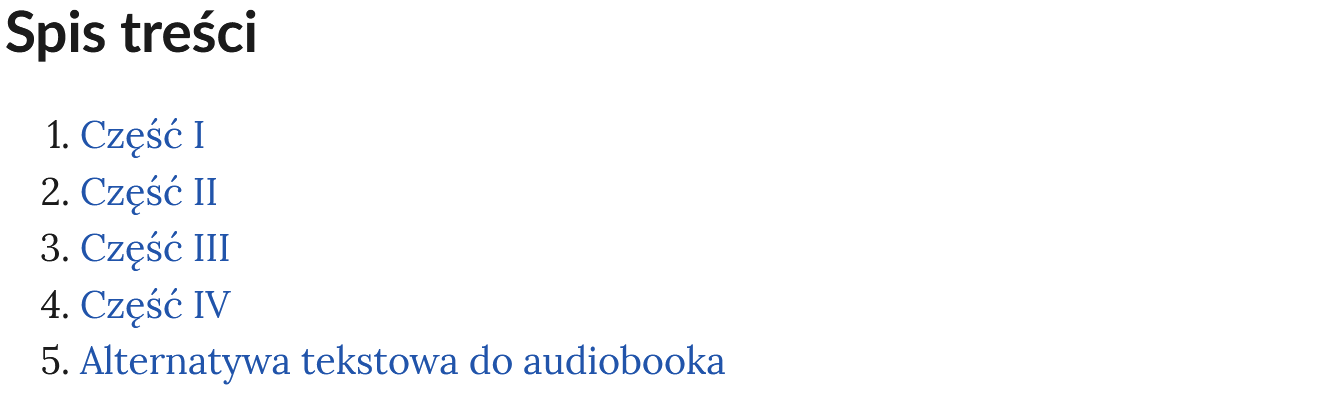 Ilustracja przedstawia spis treści audiobooka. Spis składa się z pięciu ponumerowanych części, ułożonych jedna pod drugą.