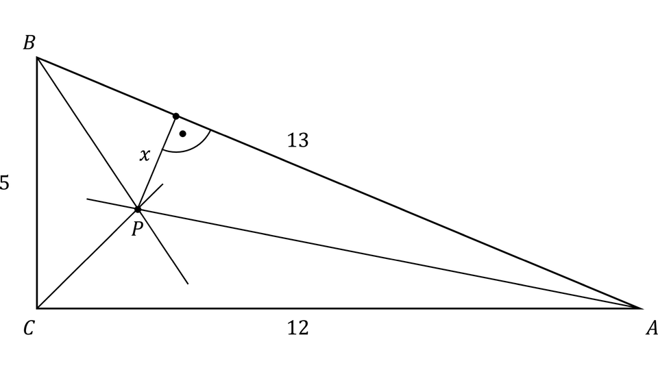 Rysunek przedstawia trójkąt prostokątny ABC, z kątem prostym przy wierzchołu C. Długość przyprostokątnej BC wynosi 5. Długość przyprostokątnej AC wynosi 12. Z wierzchołków trójkąta poprowadzono półproste, które przecinają się w punkcie P.  Z punktu P poprowadzono obcinek prostopadły do przeciwprostokątnej i opisano go literą x.
