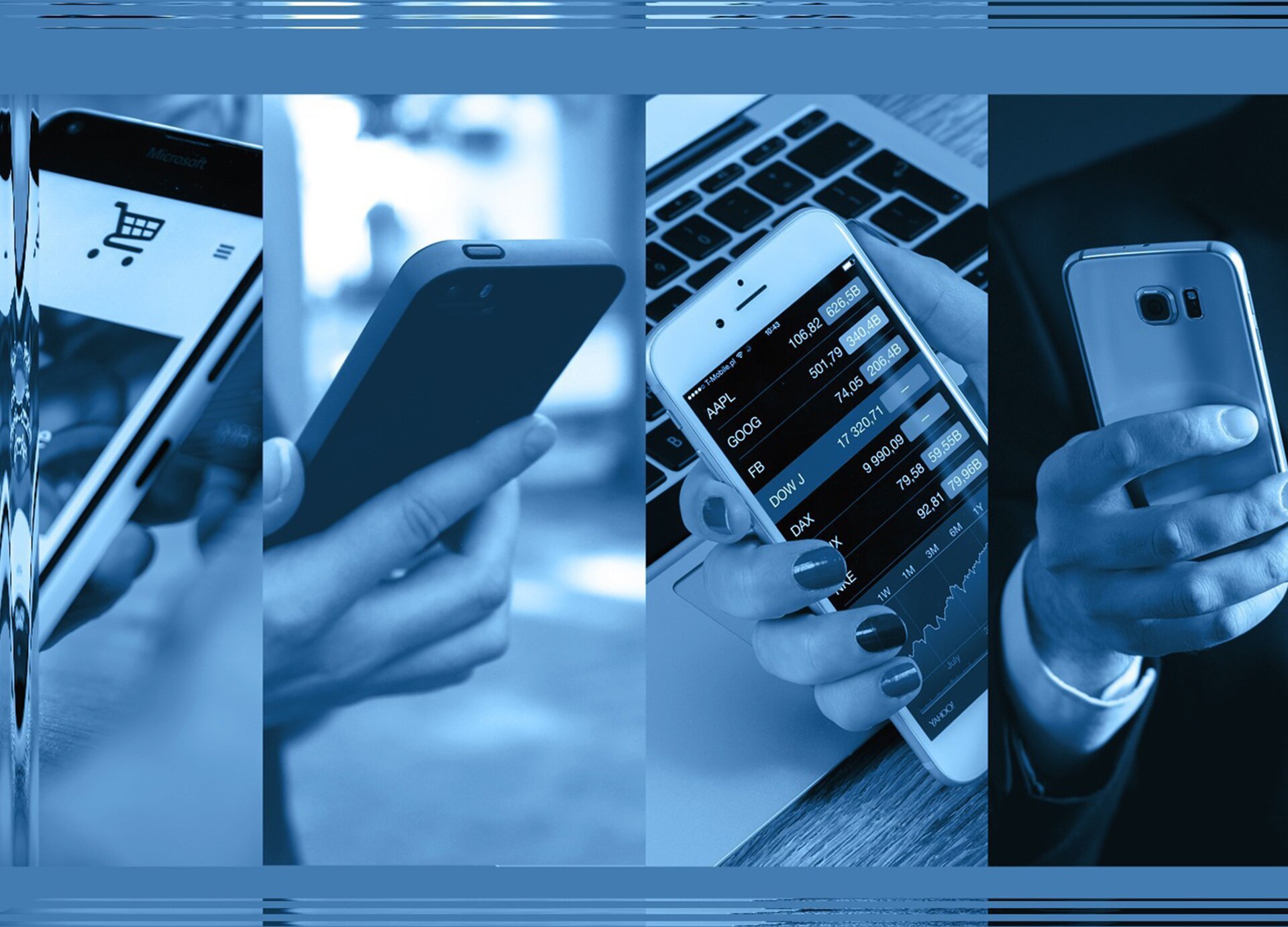 Ilustracja składa się z czterech zdjęć przedstawiających telefon komórkowy typu smartfon, trzymany w dłoni. Na zdjęciu od lewej widoczny jest fragment telefonu, na ekranie którego wyświetlony jest wózek zakupowy. Na zdjęciu obok widoczna jest dłoń trzymająca telefon. Na trzecim zdjęciu widoczna jest dłoń trzymająca telefon, na ekranie którego widoczne są różne nazwy giełdowe i cyfry. Poniżej widoczna jest klawiatura otwartego laptopa. Na ostatnim zdjęciu widoczna jest dłoń trzymająca telefon, z tyłu którego widoczna jest kamera.