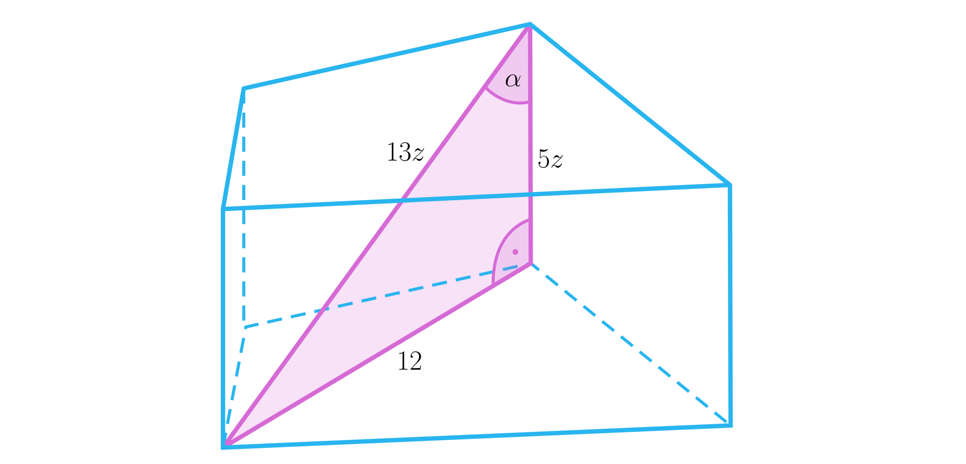 Rysunek przedstawia graniastosłup. Podstawą graniastosłupa jest deltoid. W graniastosłup wpisany jest trójkąt prostokątny. Przeciwprostokątna stanowi przekątną graniastosłupa i ma długość 13 z. Jedna przyprostokątna stanowi krawędź boczną graniastosłupa i ma długość 5 z. Druga przyprostokątna stanowi przekątną deltoidu i ma długość 12. Kąt pomiędzy przeciwprostokątną a przyprostokątną, stanowiącą krawędź boczną graniastosłupa zaznaczono literą alfa.