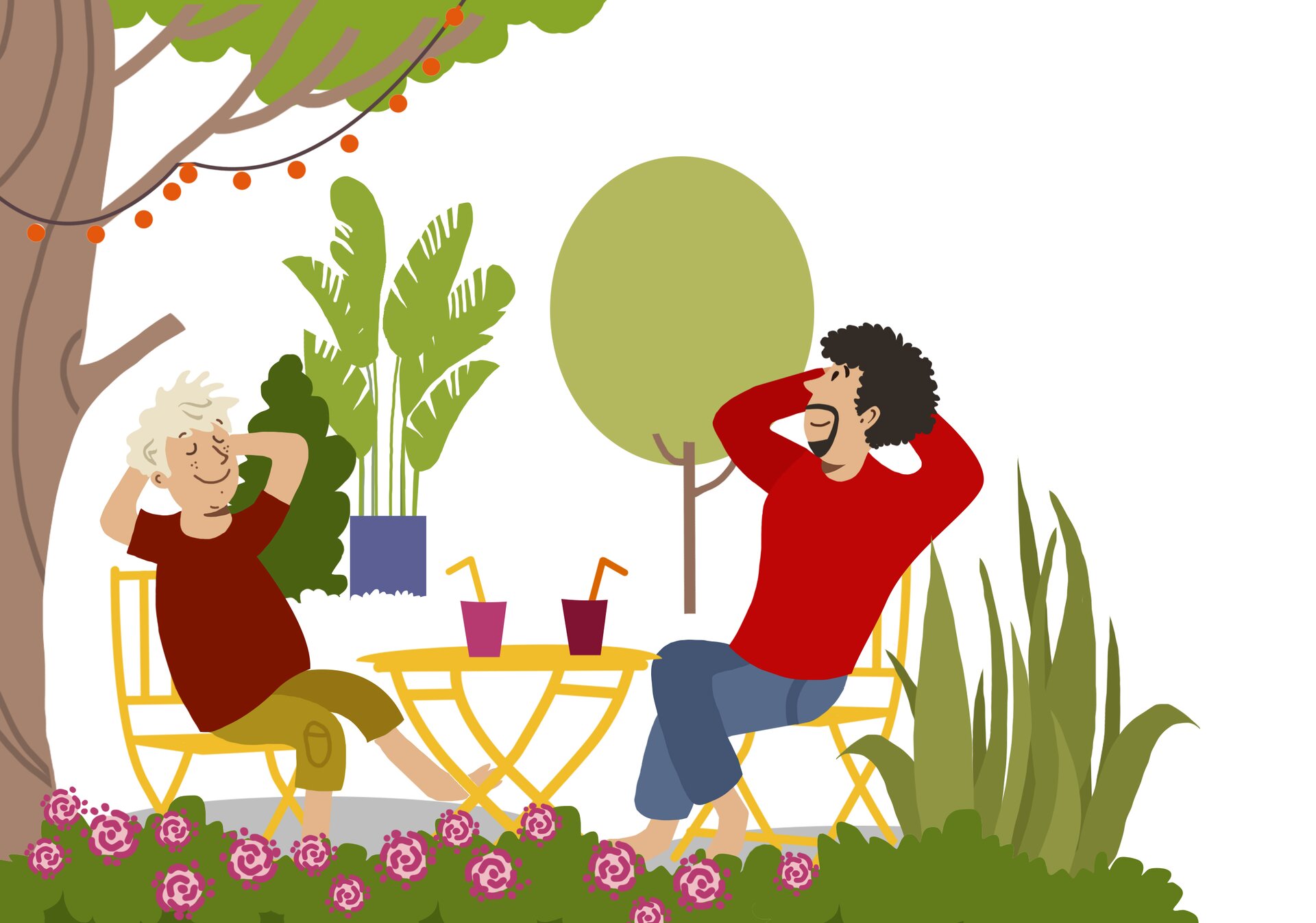 Ilustracja przedstawia ojca i syna siedzących w ogrodzie na krzesłach przy stoliku. Obaj odprężają się, pijąc napoje.  