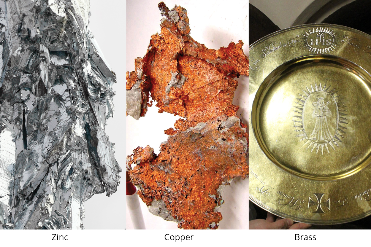 Ilustracja składająca się z trzech fotografii. Przedstawia trzy próbki metali podpisanych: cynk, miedź, mosiądz. Cynk jest szary, miedź pomarańczowa. Z miedzi wykonana jest patera z symbolami religijnymi. Ma jasnobrązowy, złotawy kolor.  